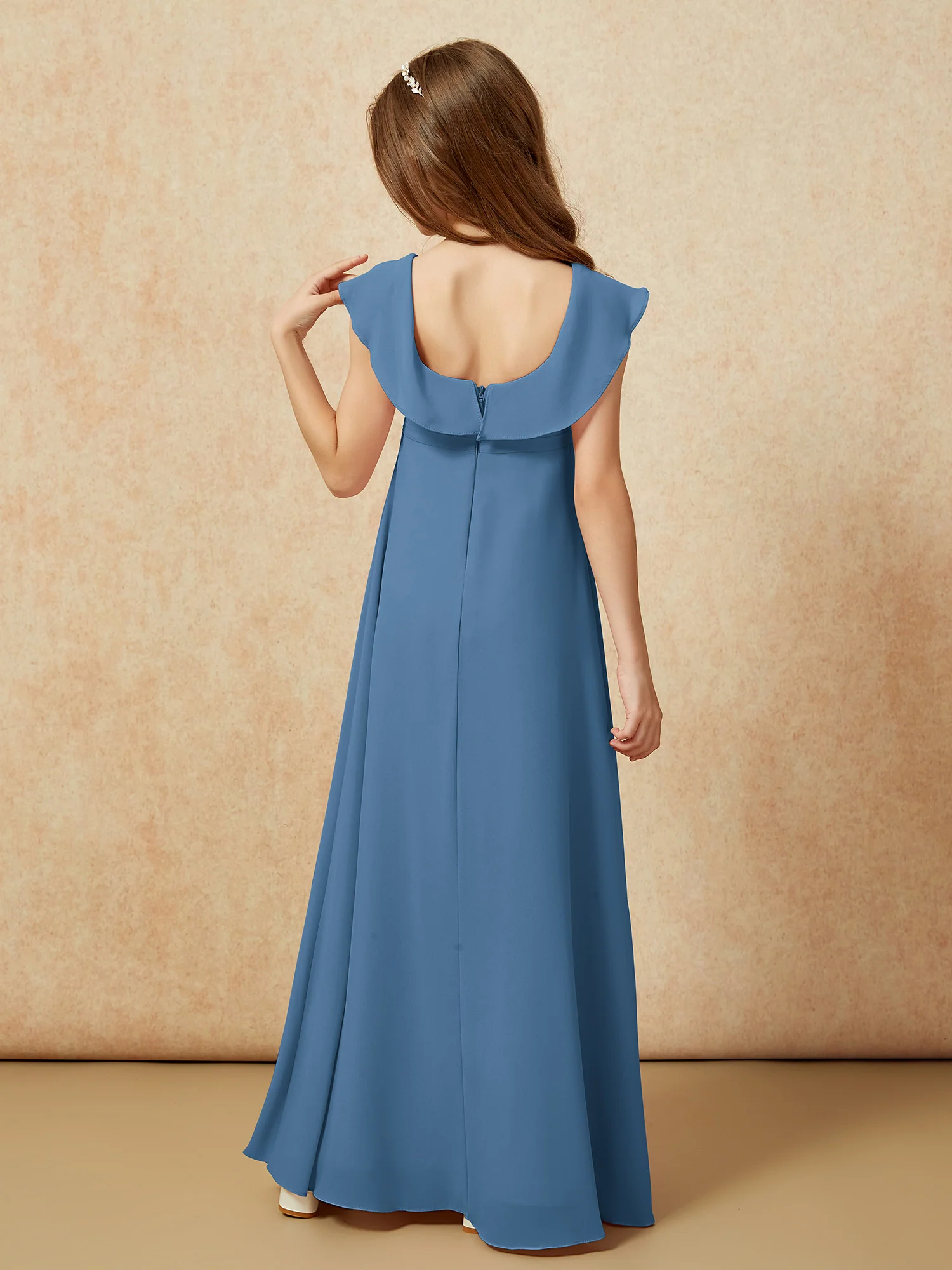 Square Neck Chiffon Junior Bridesmaid Dress With Slit Slate Blue - Image 2