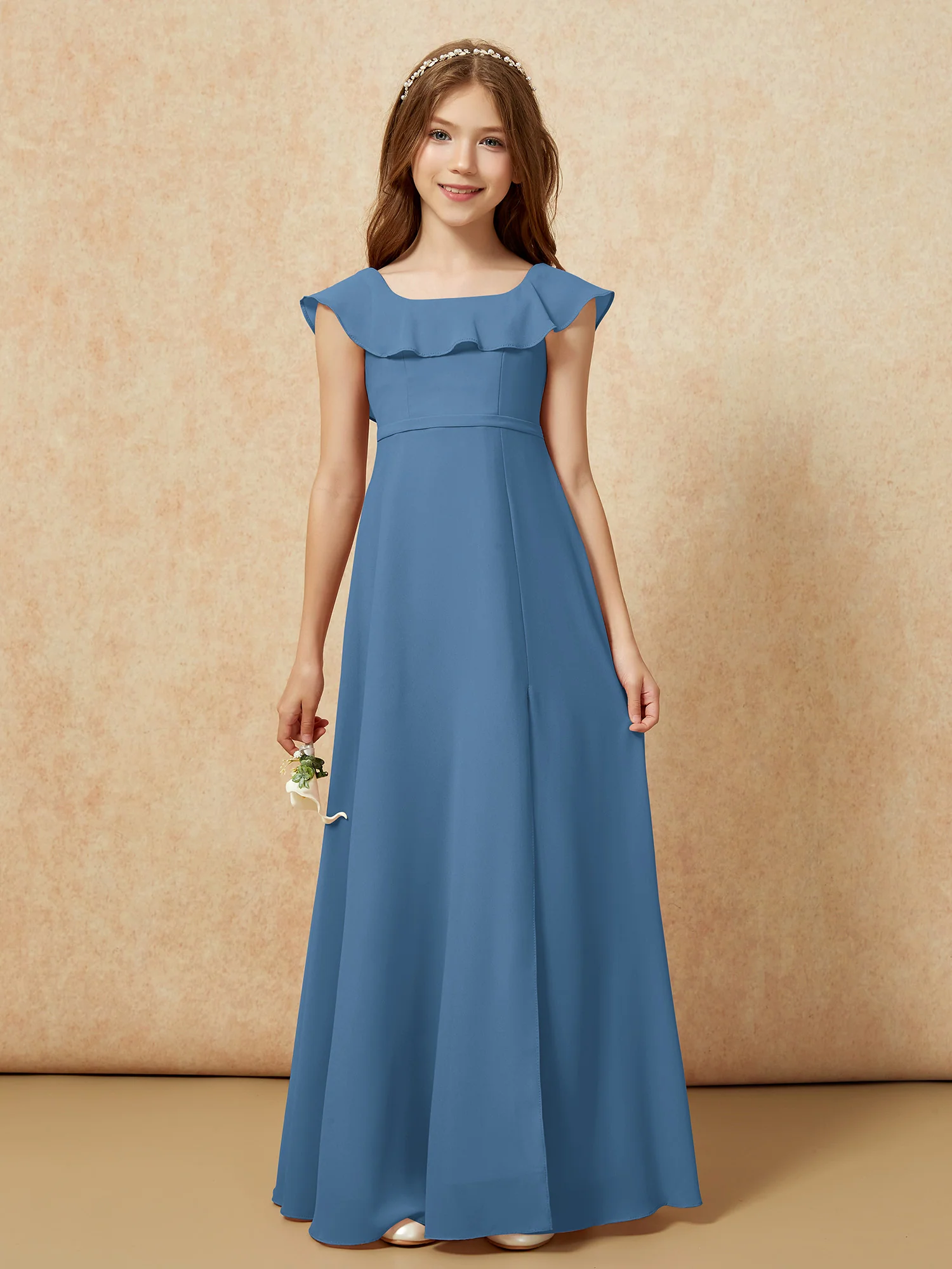 Square Neck Chiffon Junior Bridesmaid Dress With Slit Slate Blue - Image 4