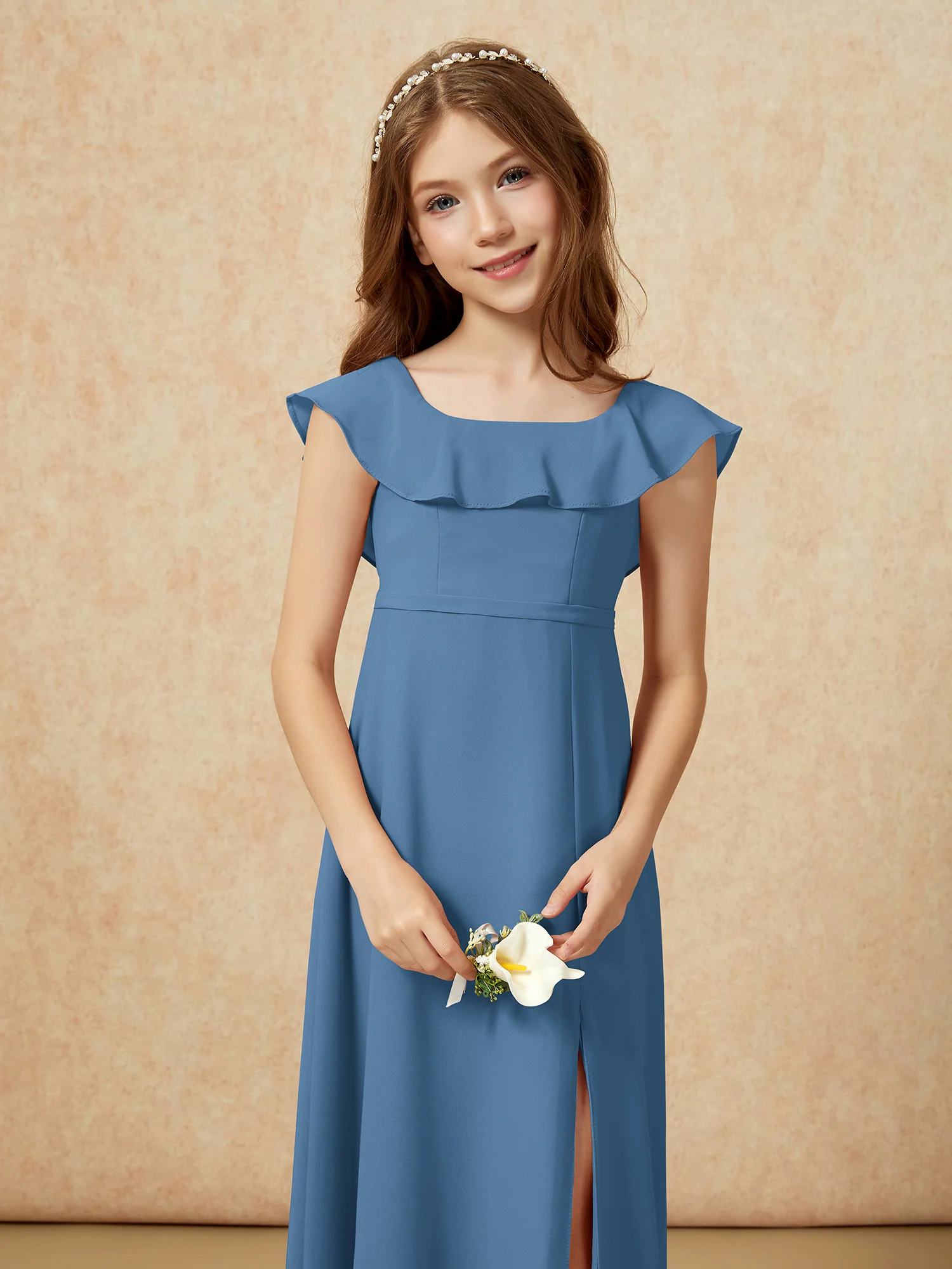Square Neck Chiffon Junior Bridesmaid Dress With Slit Slate Blue - Image 6