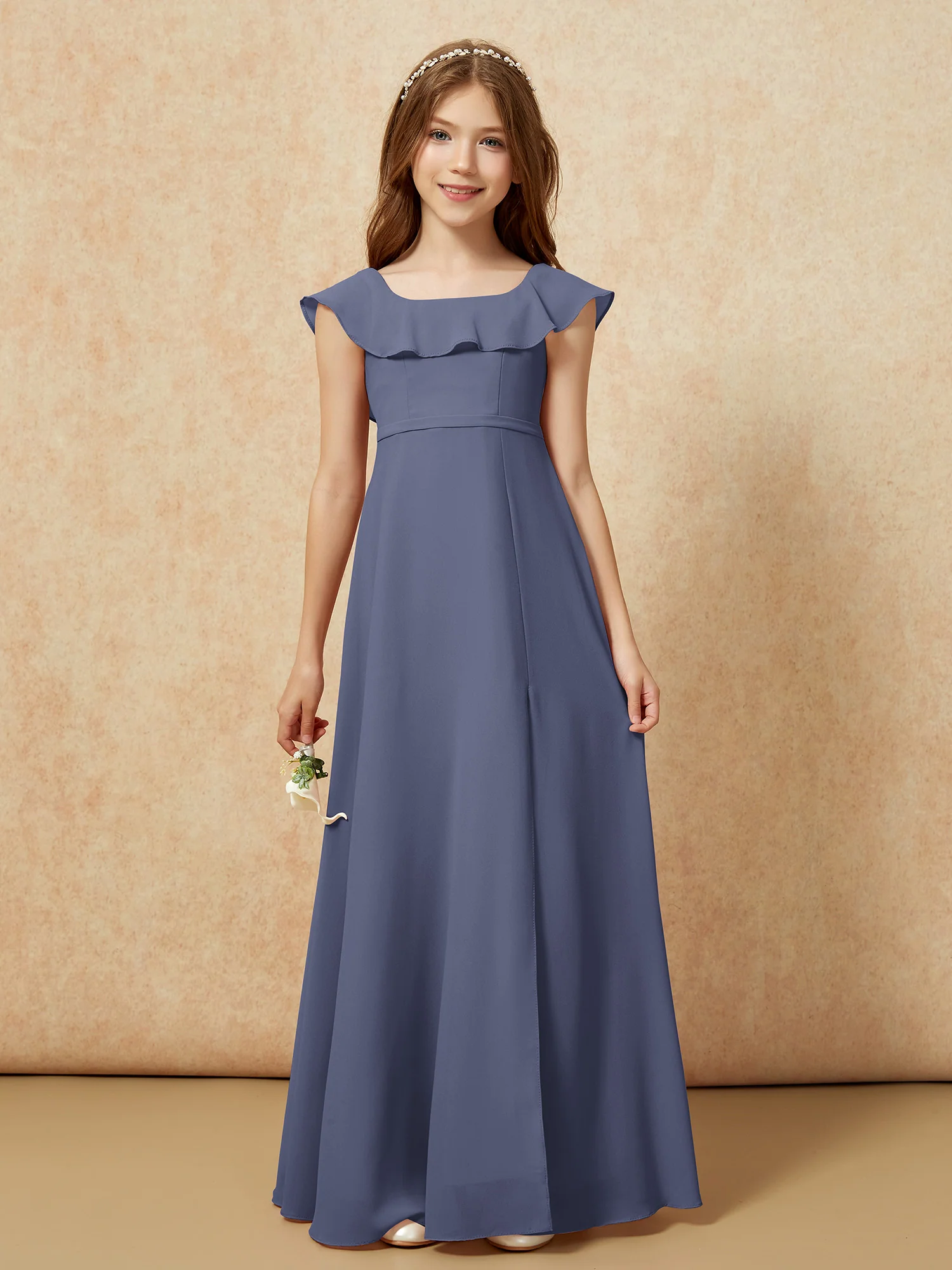 Square Neck Chiffon Junior Bridesmaid Dress With Slit Stormy - Image 4
