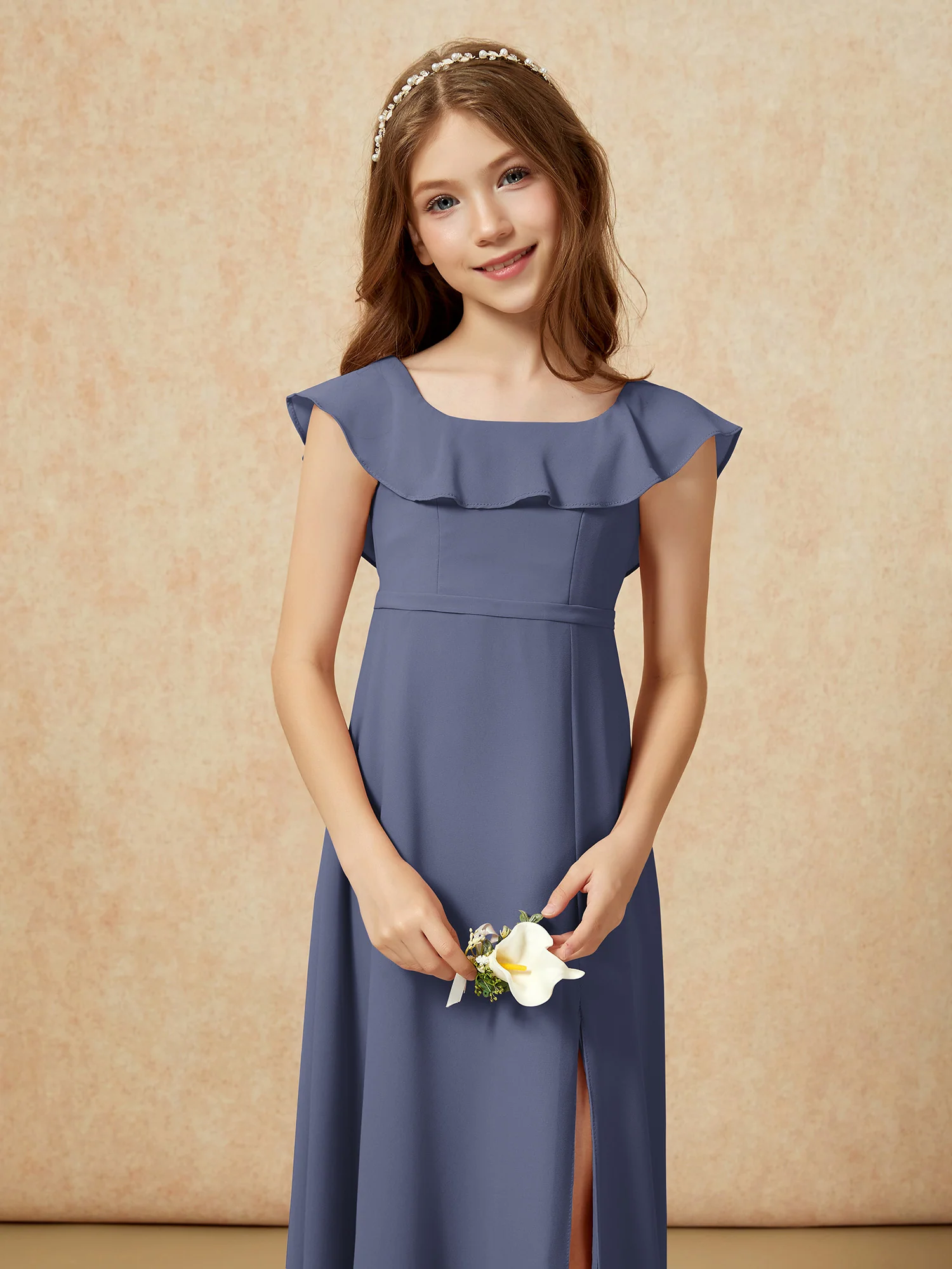 Square Neck Chiffon Junior Bridesmaid Dress With Slit Stormy - Image 6