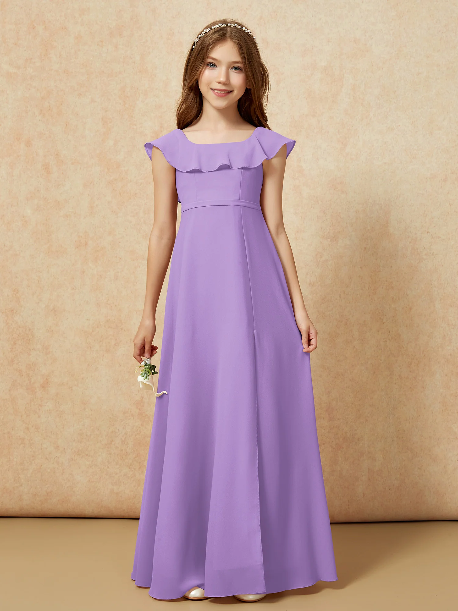 Square Neck Chiffon Junior Bridesmaid Dress With Slit Tahiti - Image 4