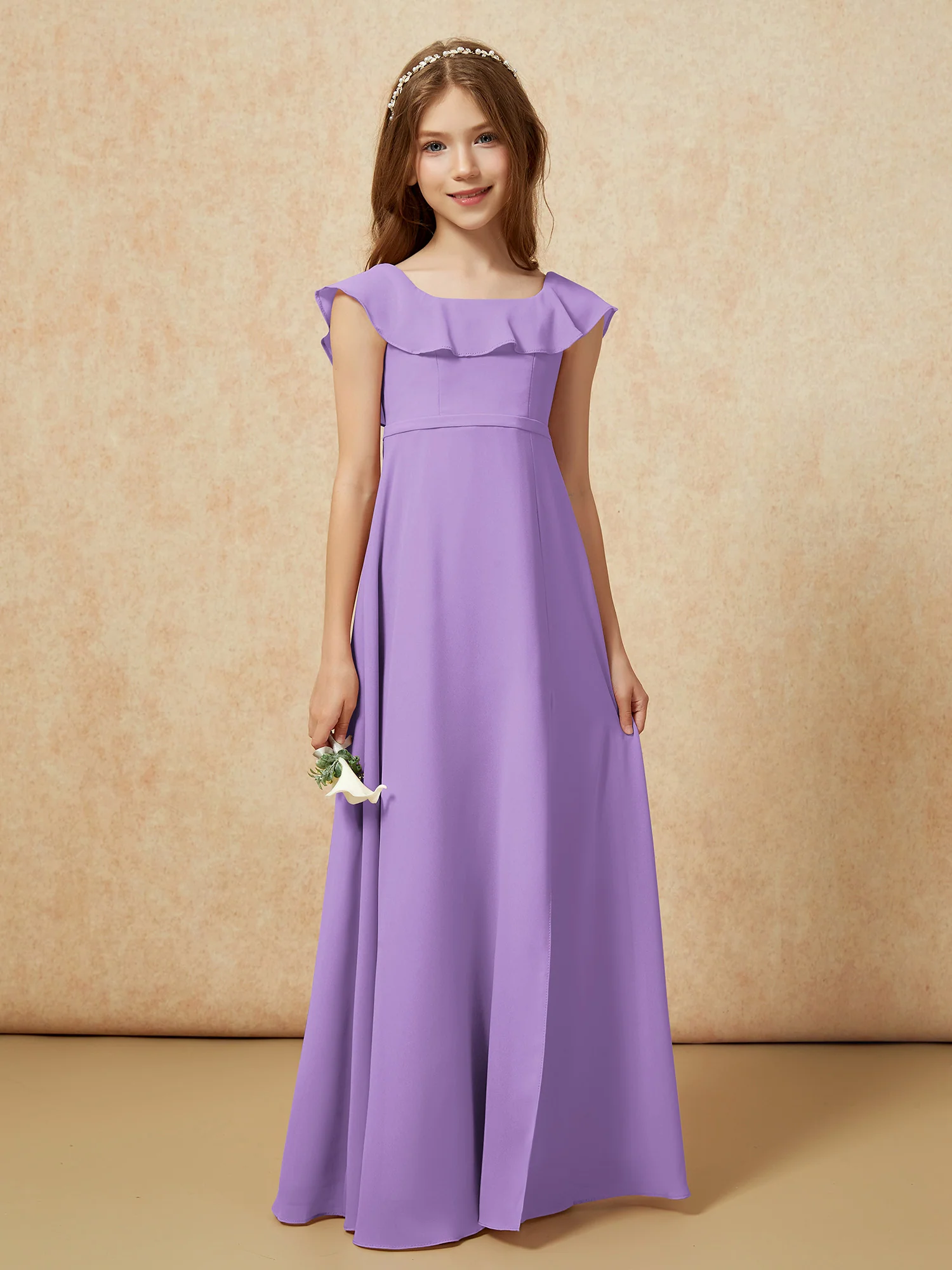 Square Neck Chiffon Junior Bridesmaid Dress With Slit Tahiti - Image 5