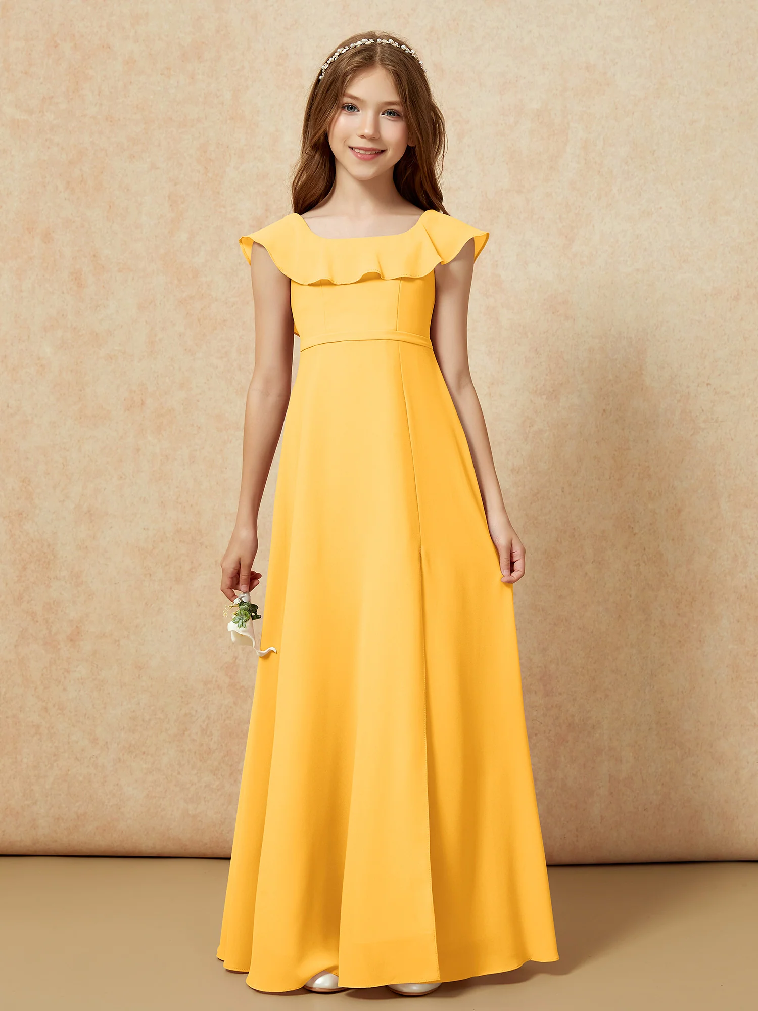 Square Neck Chiffon Junior Bridesmaid Dress With Slit Tangerine - Image 4