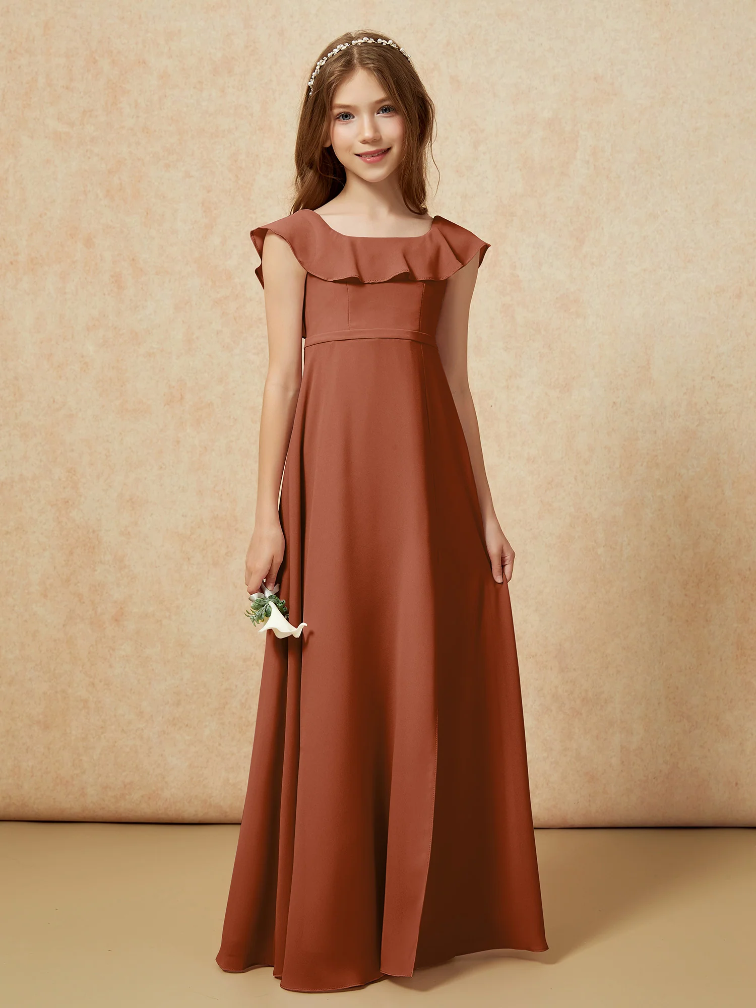 Square Neck Chiffon Junior Bridesmaid Dress With Slit Terracotta - Image 5
