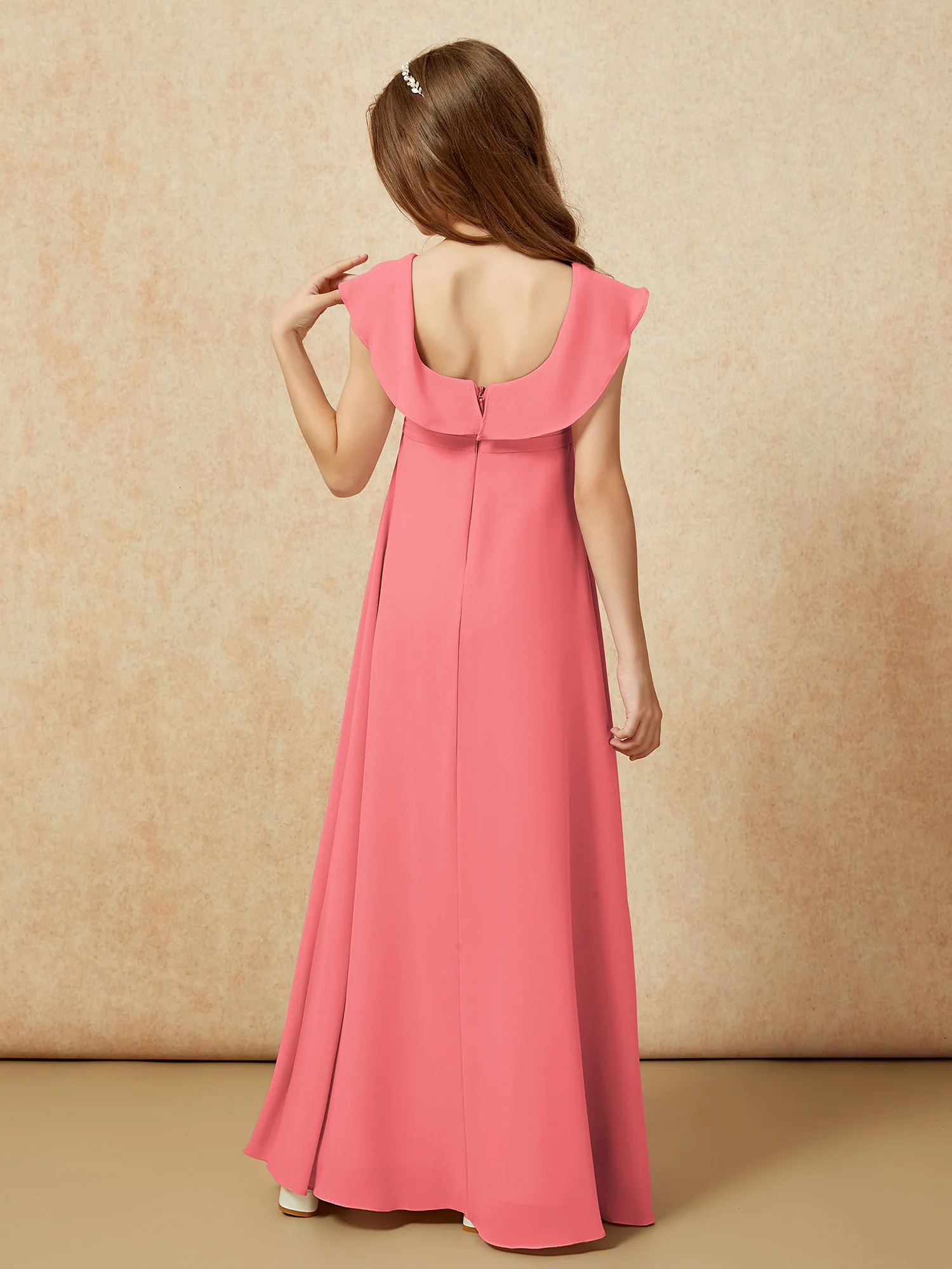 Square Neck Chiffon Junior Bridesmaid Dress With Slit Watermelon - Image 2