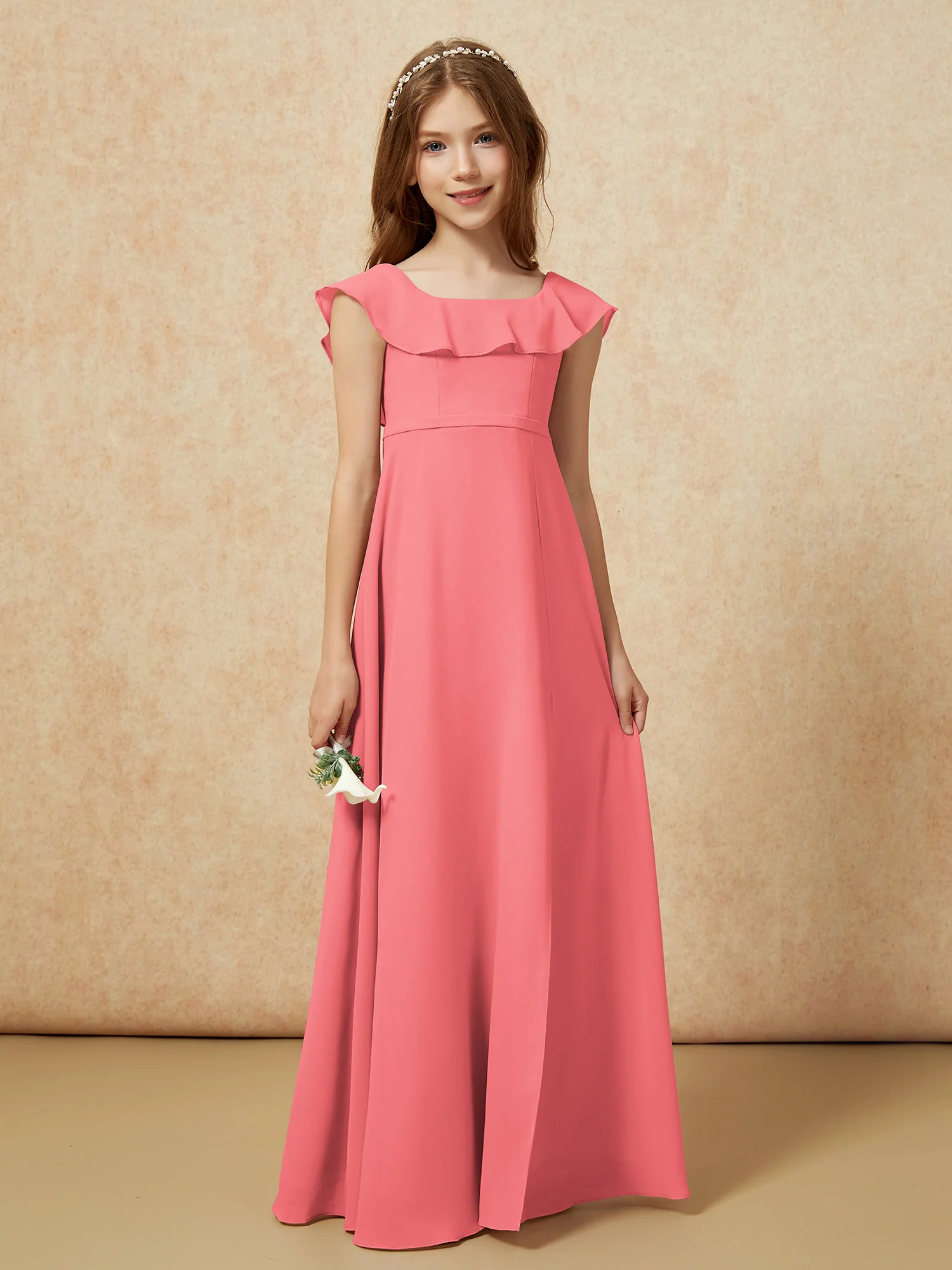 Square Neck Chiffon Junior Bridesmaid Dress With Slit Watermelon - Image 5