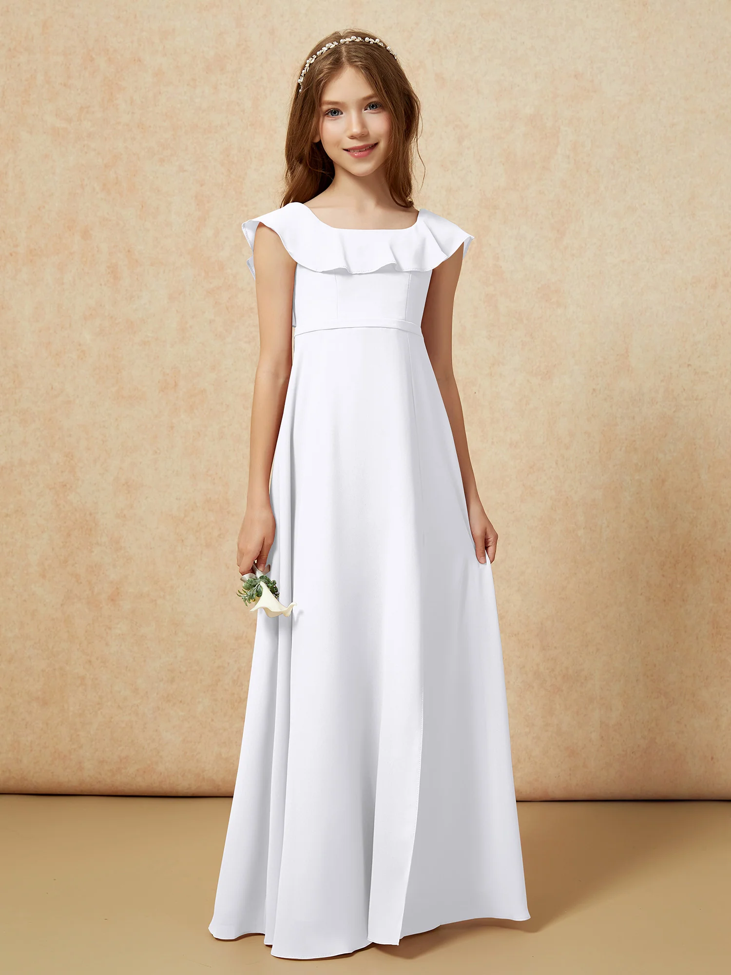 Square Neck Chiffon Junior Bridesmaid Dress With Slit White - Image 5