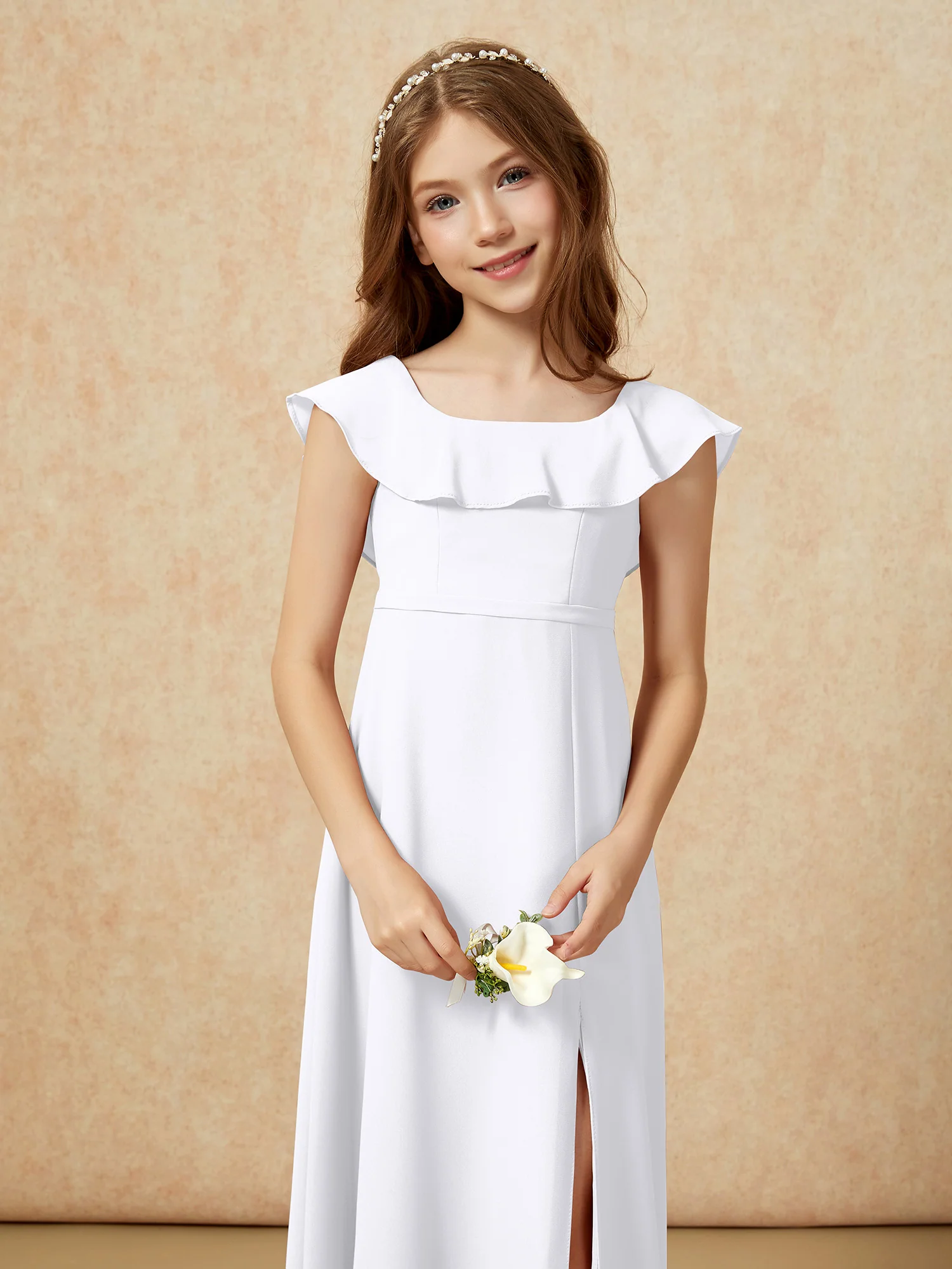 Square Neck Chiffon Junior Bridesmaid Dress With Slit White - Image 6