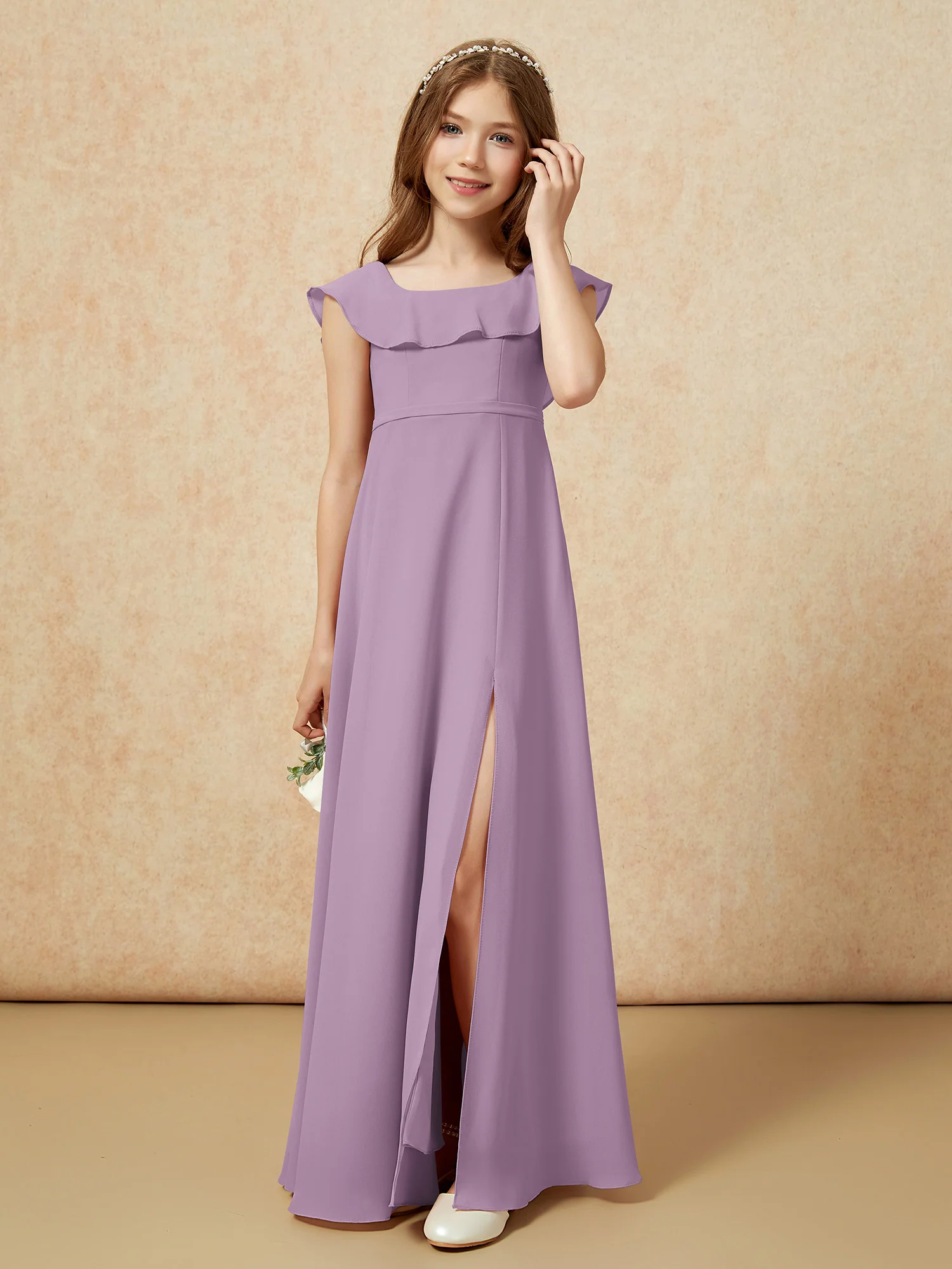 Square Neck Chiffon Junior Bridesmaid Dress With Slit Wisteria