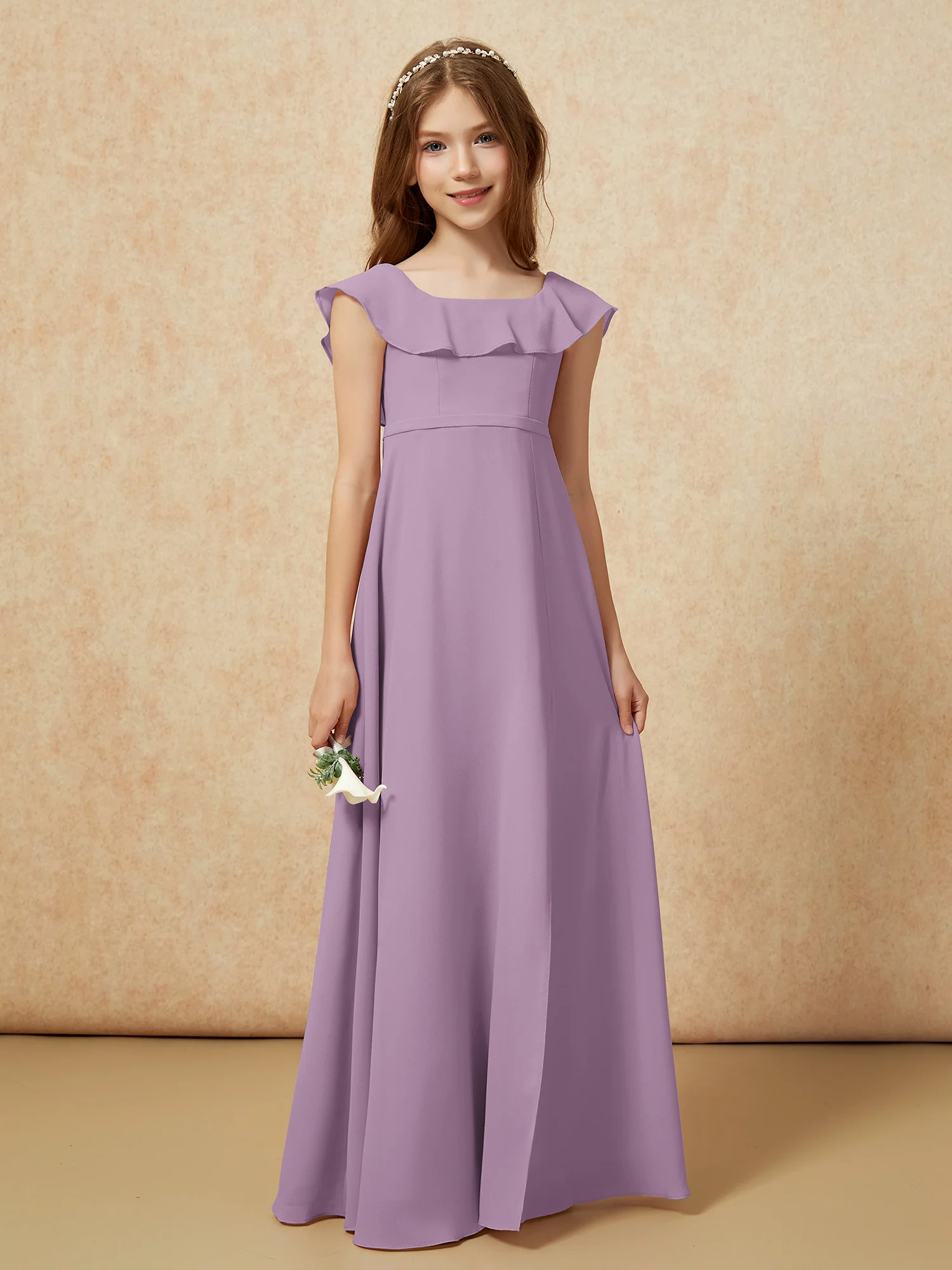 Square Neck Chiffon Junior Bridesmaid Dress With Slit Wisteria - Image 5