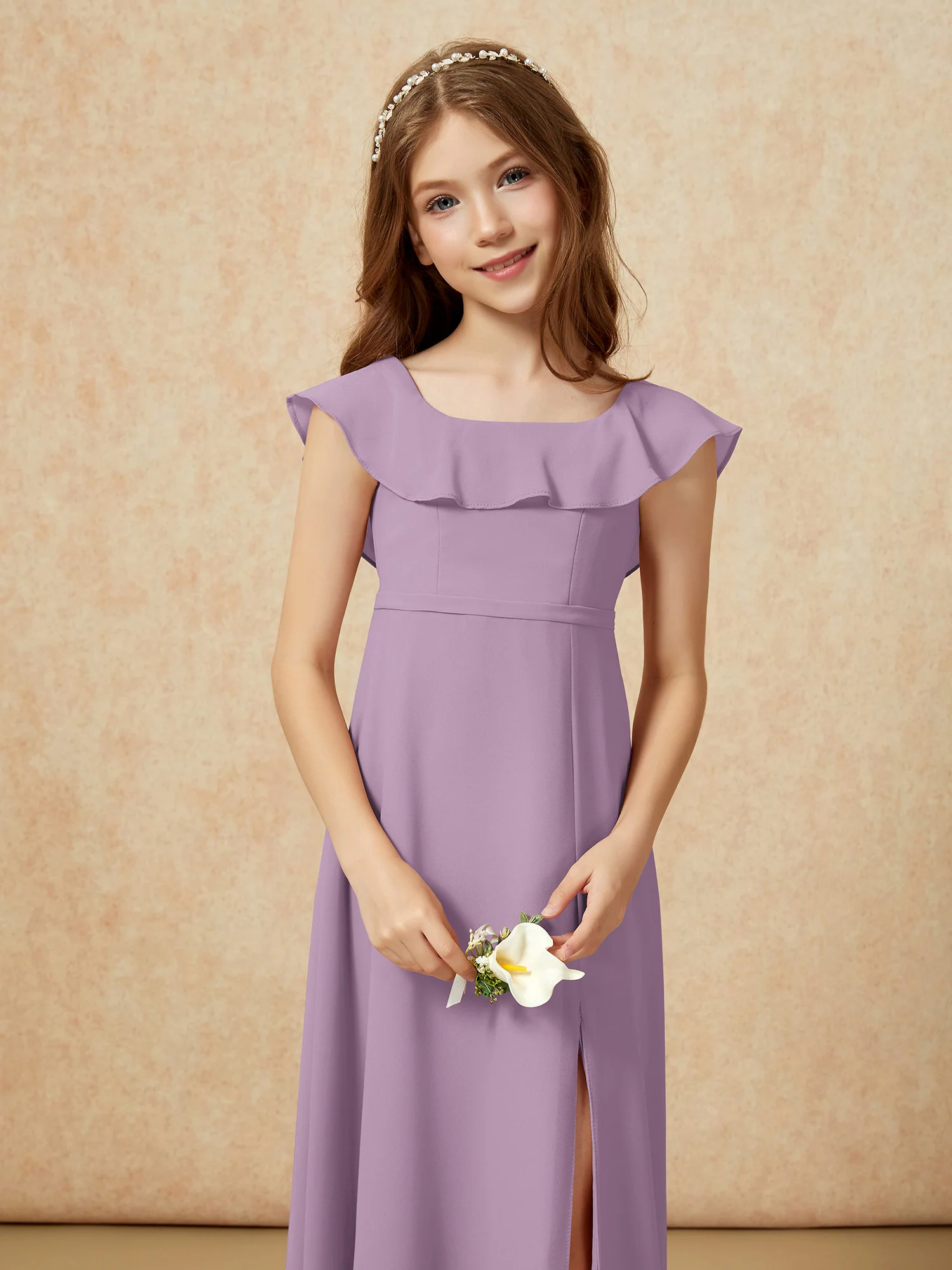 Square Neck Chiffon Junior Bridesmaid Dress With Slit Wisteria - Image 6