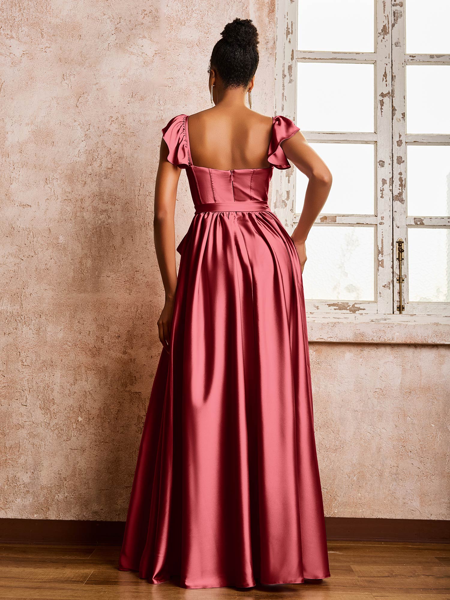 Square Neck Flutter Sleeves A-line High Slit Dresses With Belt Burgundy - Image 2