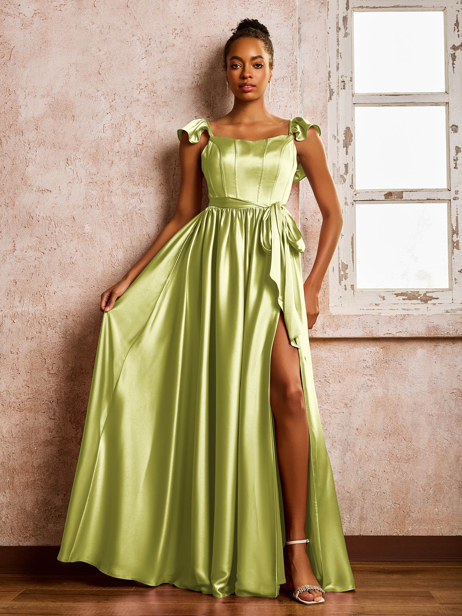 Square Neck Flutter Sleeves A-line High Slit Dresses With Belt Clover