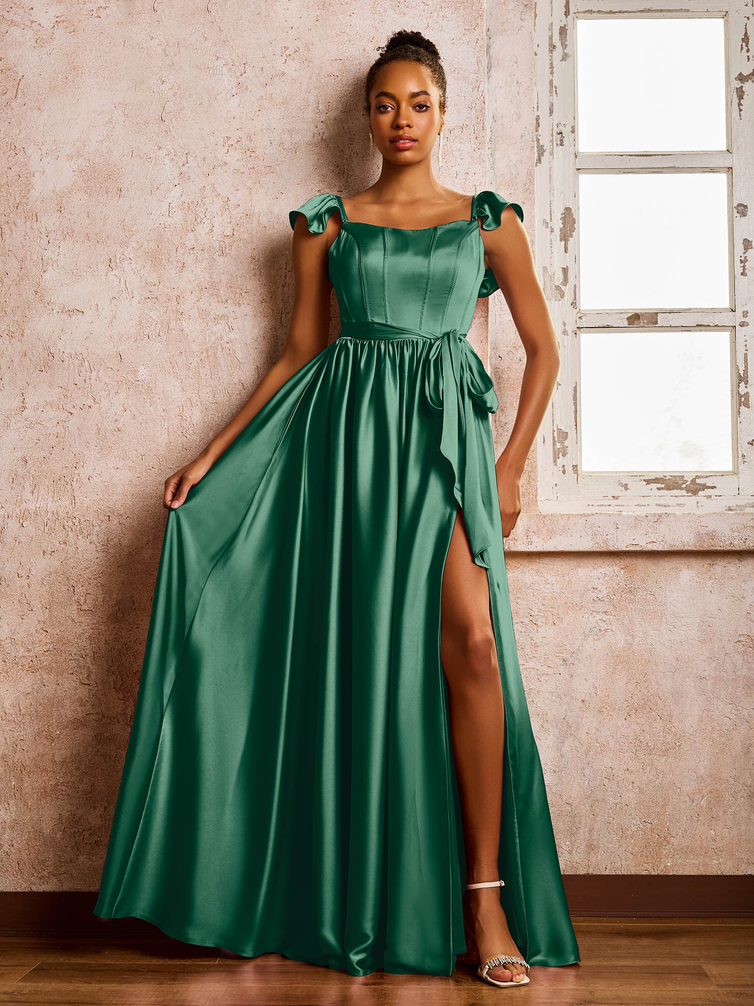 Square Neck Flutter Sleeves A-line High Slit Dresses With Belt Dark Green