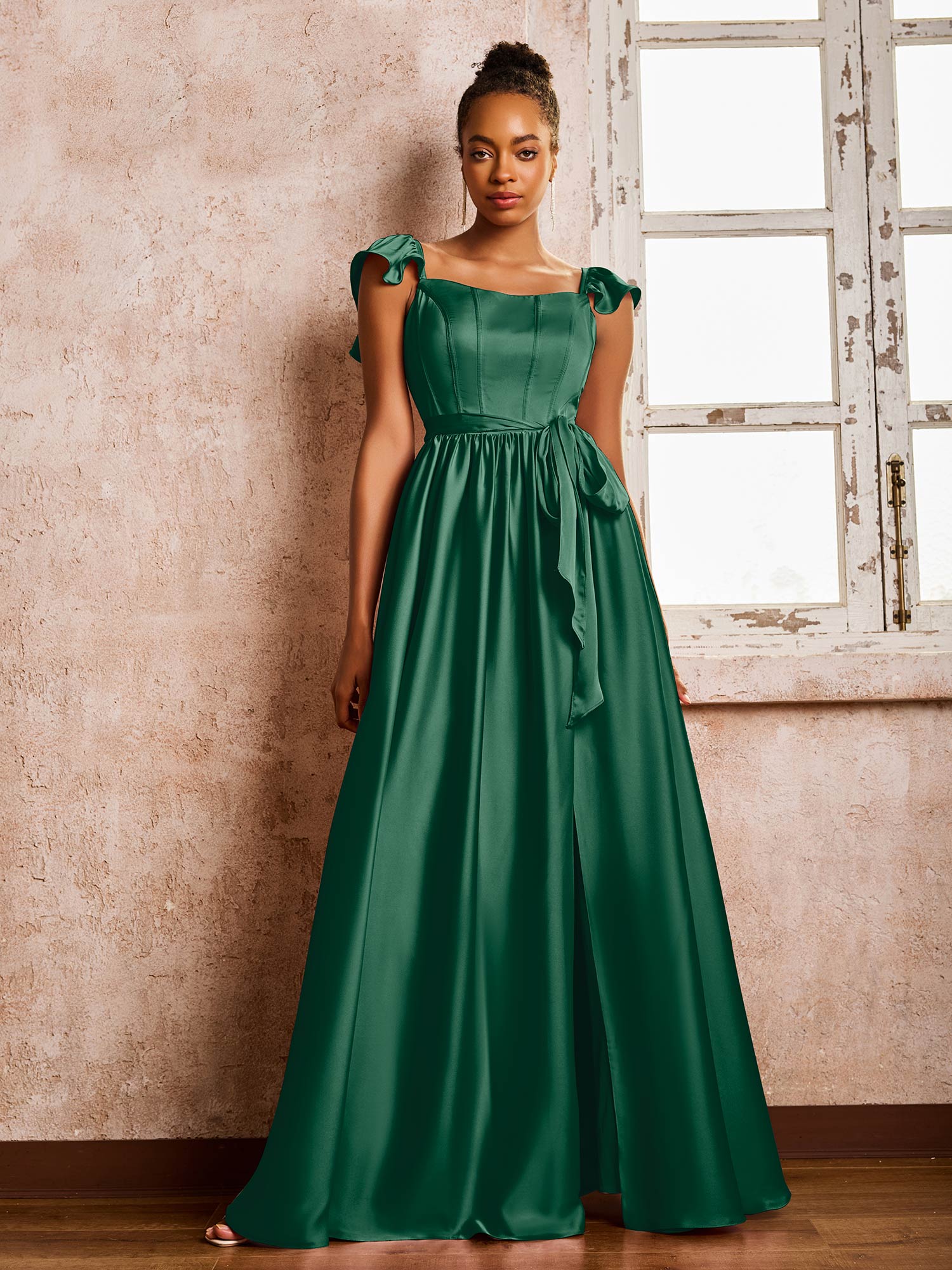 Square Neck Flutter Sleeves A-line High Slit Dresses With Belt Dark Green - Image 3