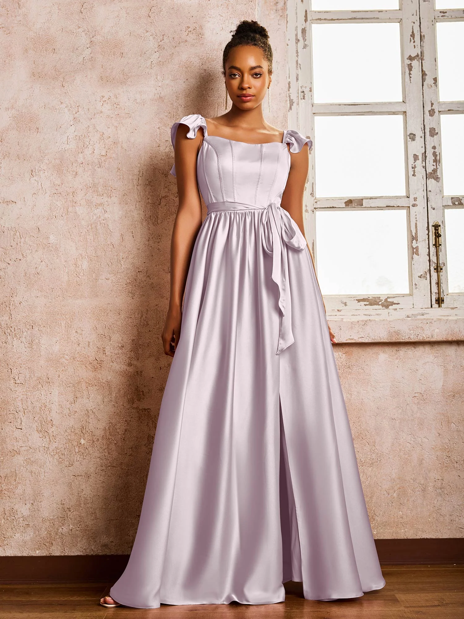 Square Neck Flutter Sleeves A-line High Slit Dresses With Belt Dusk - Image 3