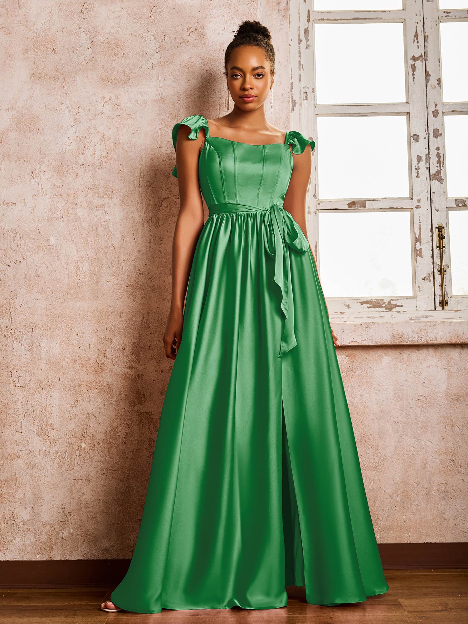 Square Neck Flutter Sleeves A-line High Slit Dresses With Belt Emerald - Image 3