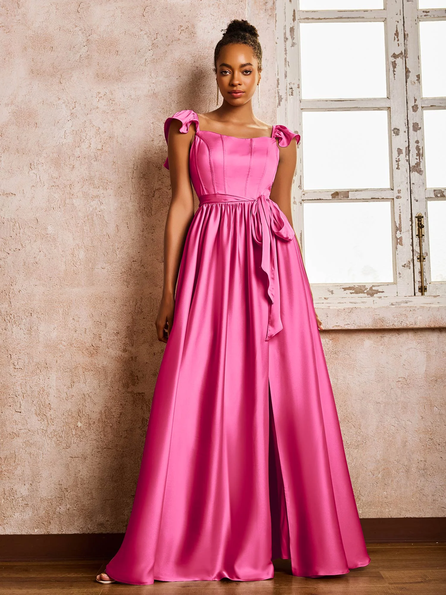 Square Neck Flutter Sleeves A-line High Slit Dresses With Belt Fuchsia - Image 3
