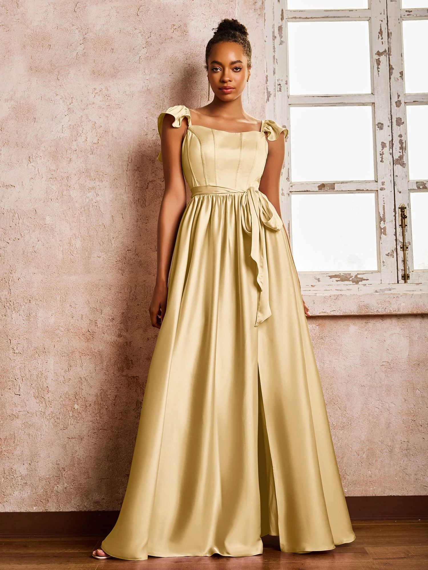 Square Neck Flutter Sleeves A-line High Slit Dresses With Belt Gold - Image 3