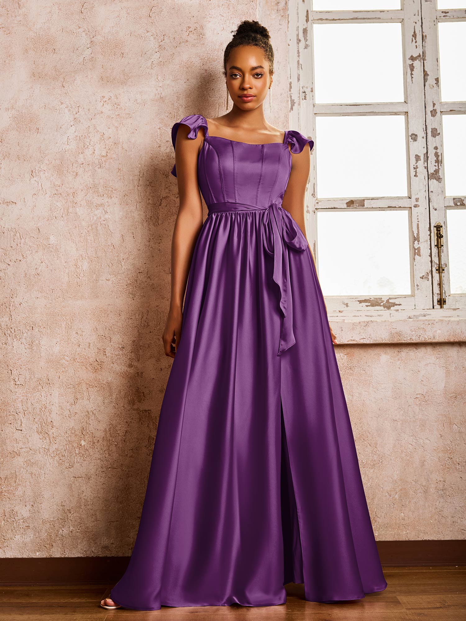Square Neck Flutter Sleeves A-line High Slit Dresses With Belt Grape - Image 3