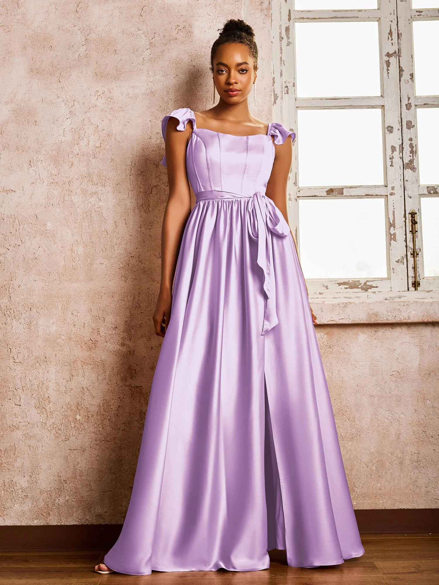 Square Neck Flutter Sleeves A-line High Slit Dresses With Belt Lilac - Image 3