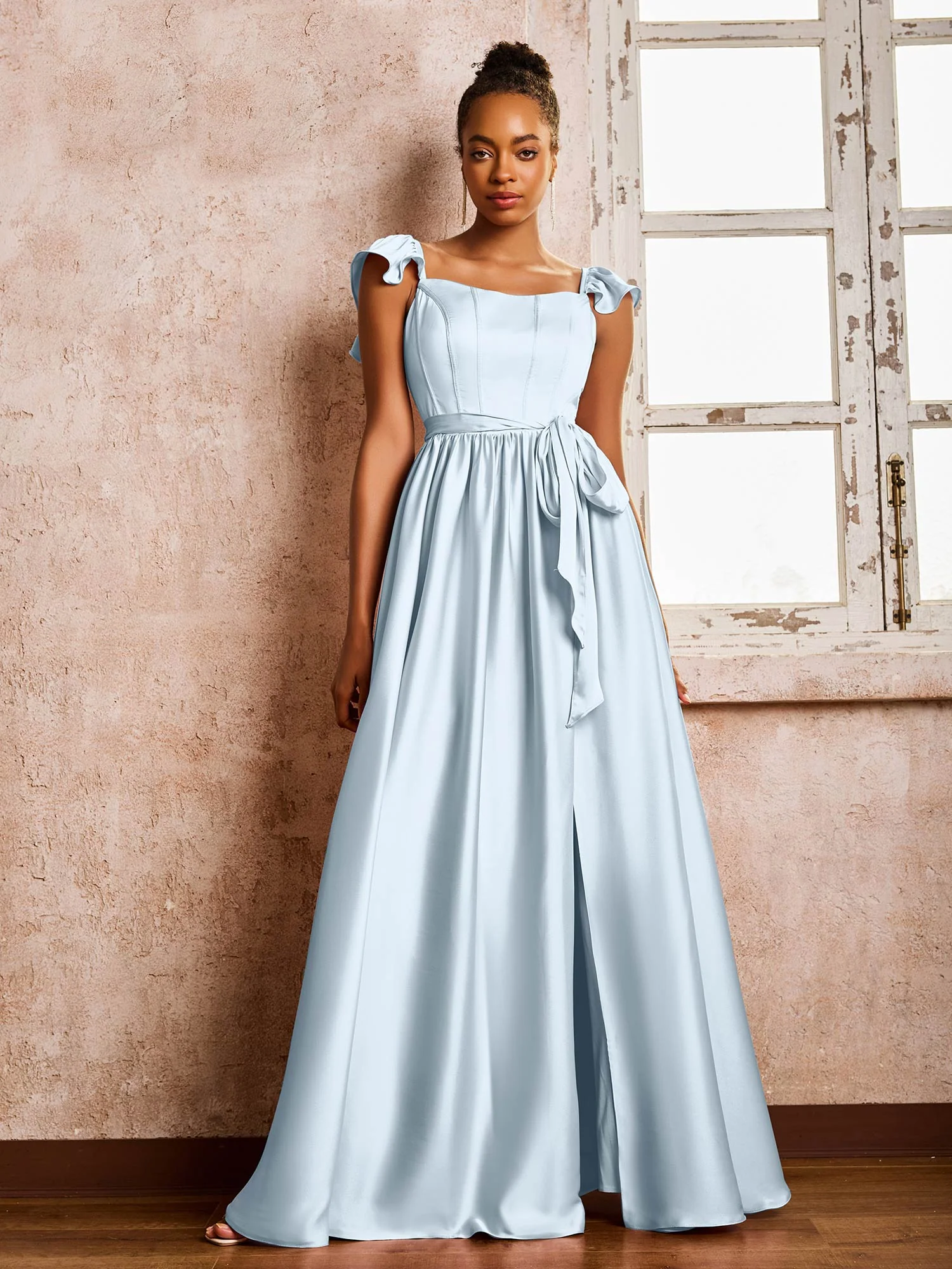 Square Neck Flutter Sleeves A-line High Slit Dresses With Belt Mist - Image 3