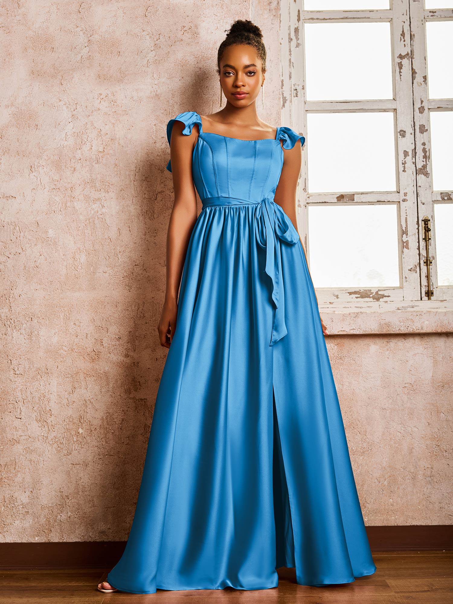 Square Neck Flutter Sleeves A-line High Slit Dresses With Belt Ocean Blue - Image 3