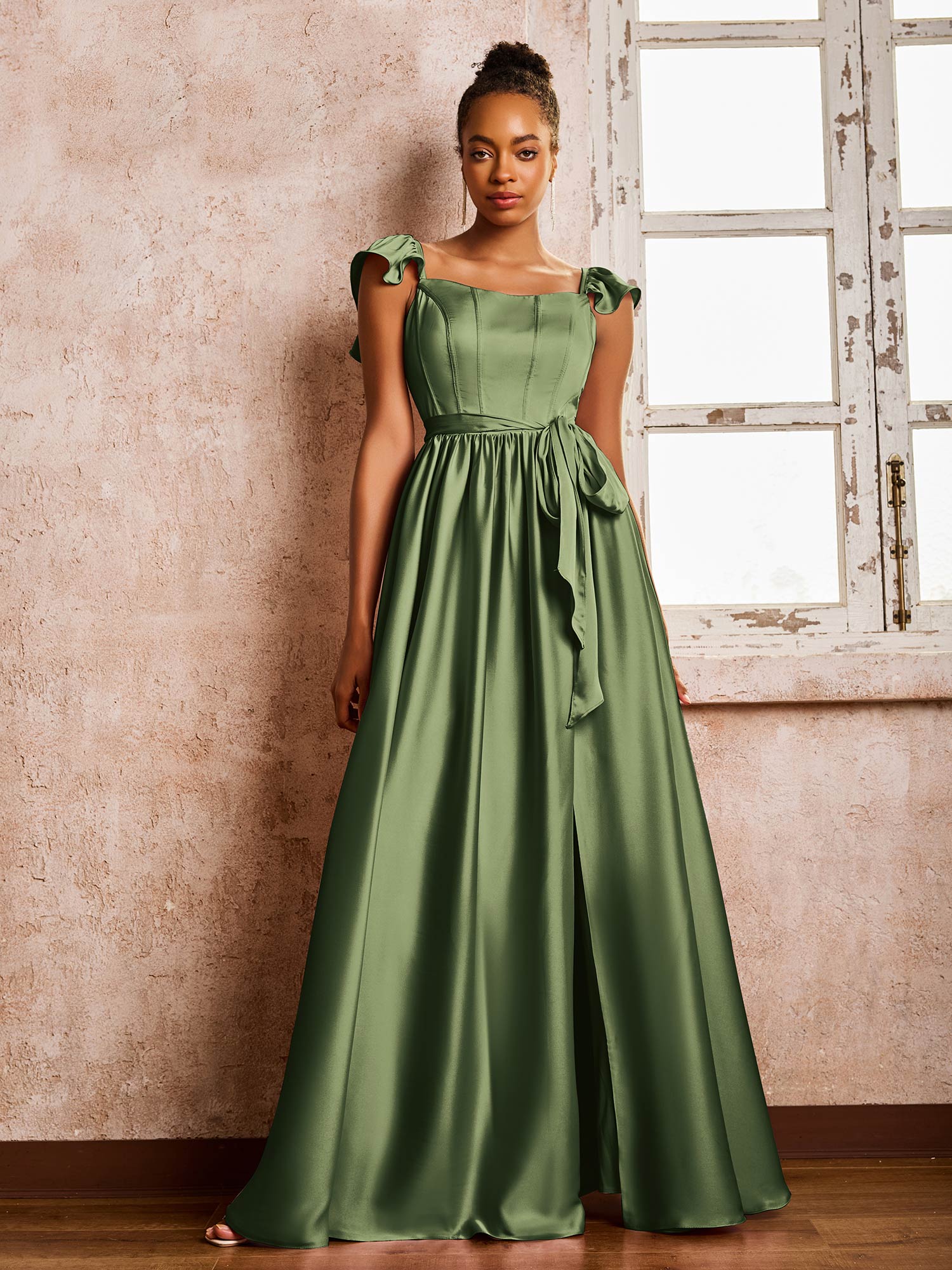 Square Neck Flutter Sleeves A-line High Slit Dresses With Belt Olive Green - Image 3