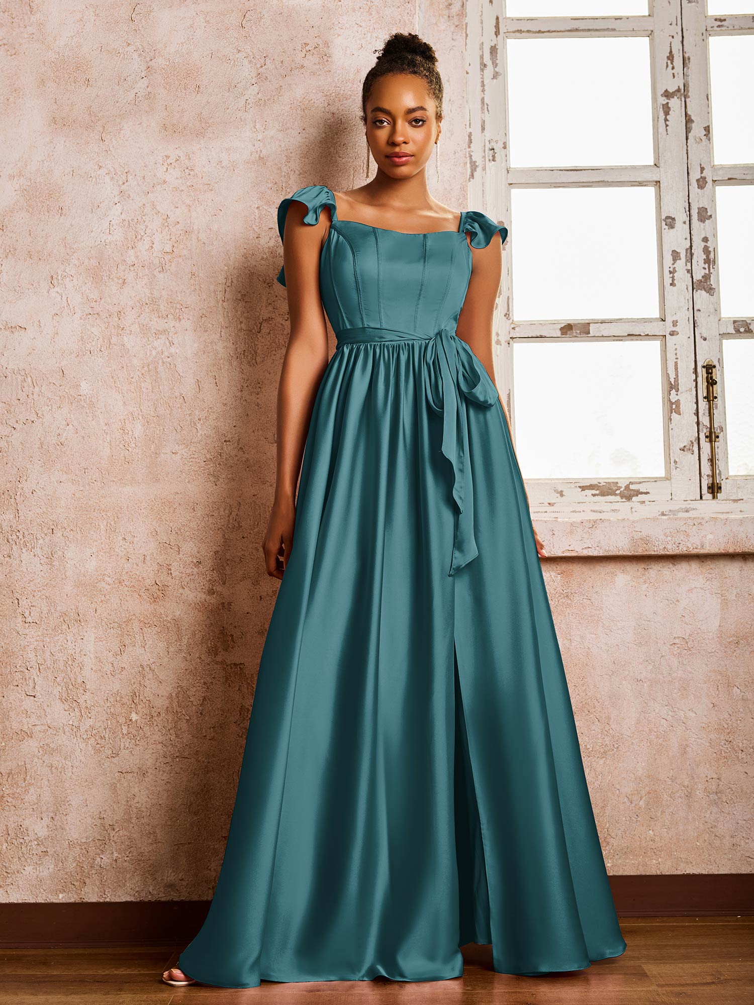 Square Neck Flutter Sleeves A-line High Slit Dresses With Belt Peacock - Image 3