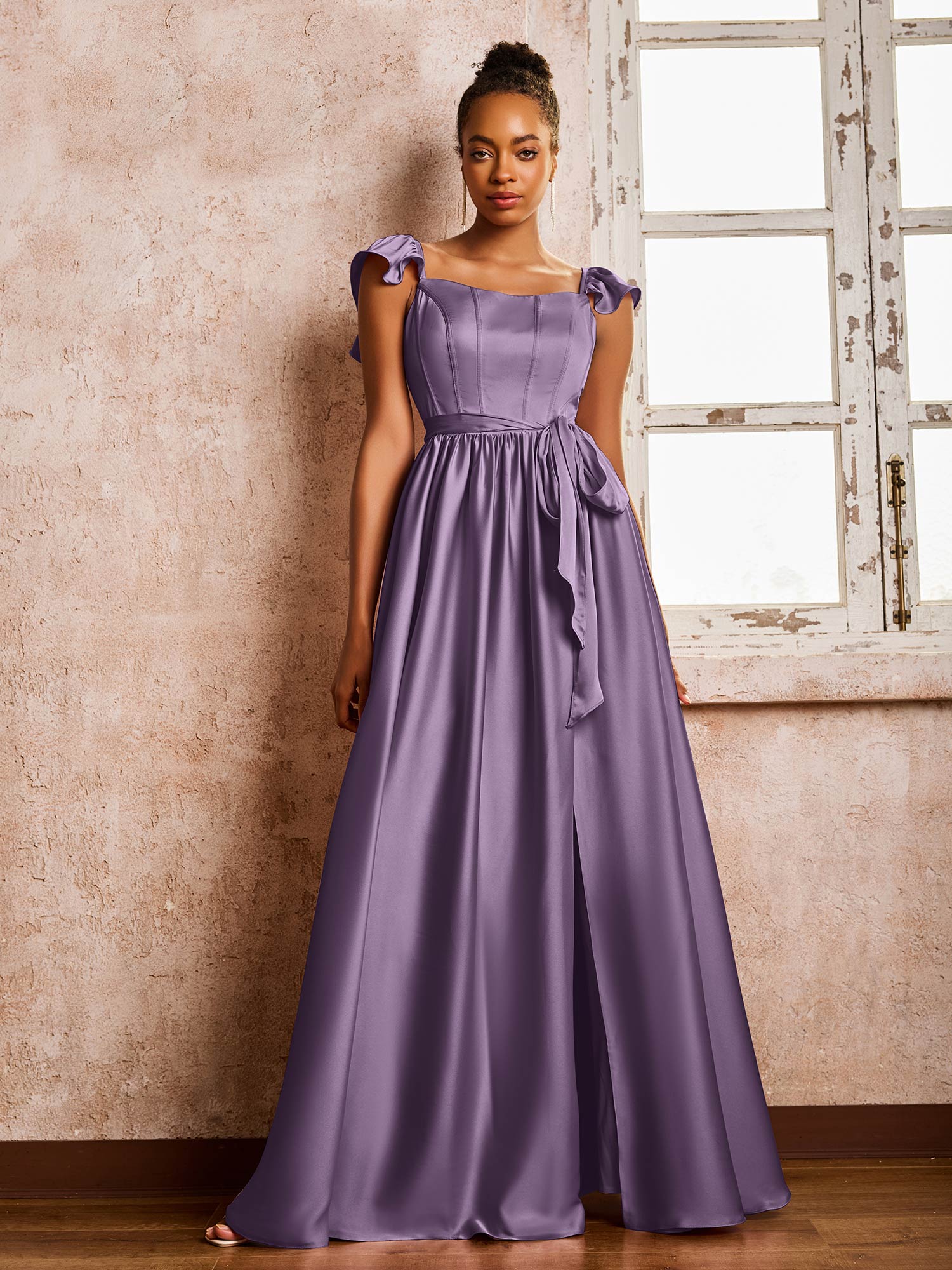 Square Neck Flutter Sleeves A-line High Slit Dresses With Belt Plum - Image 3