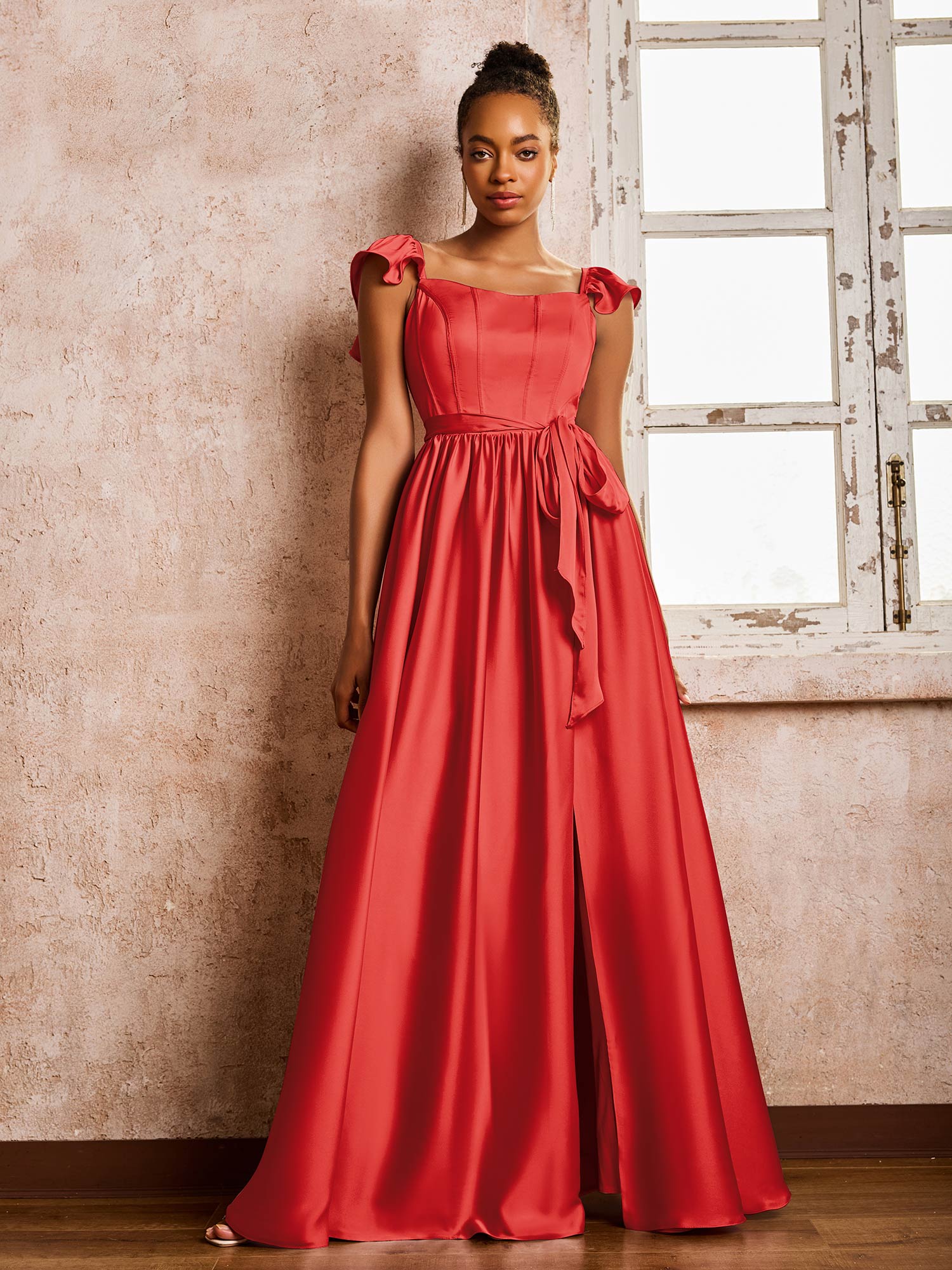 Square Neck Flutter Sleeves A-line High Slit Dresses With Belt Red - Image 3
