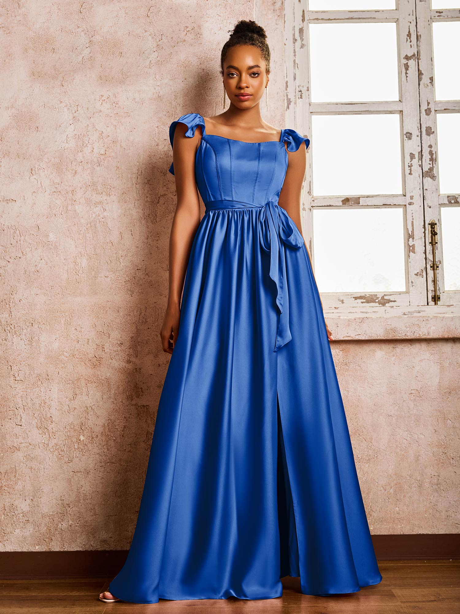 Square Neck Flutter Sleeves A-line High Slit Dresses With Belt Royal Blue - Image 3
