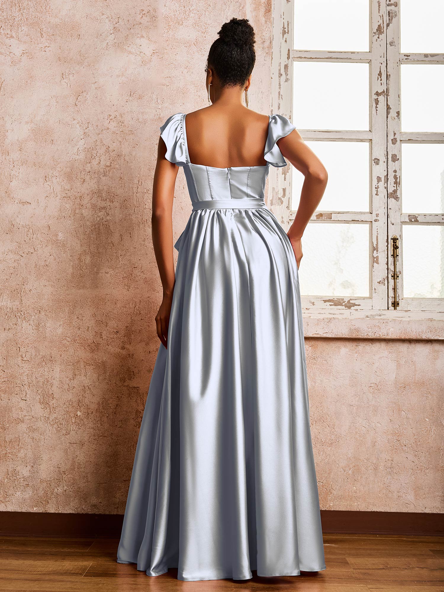 Square Neck Flutter Sleeves A-line High Slit Dresses With Belt Steel Grey - Image 2