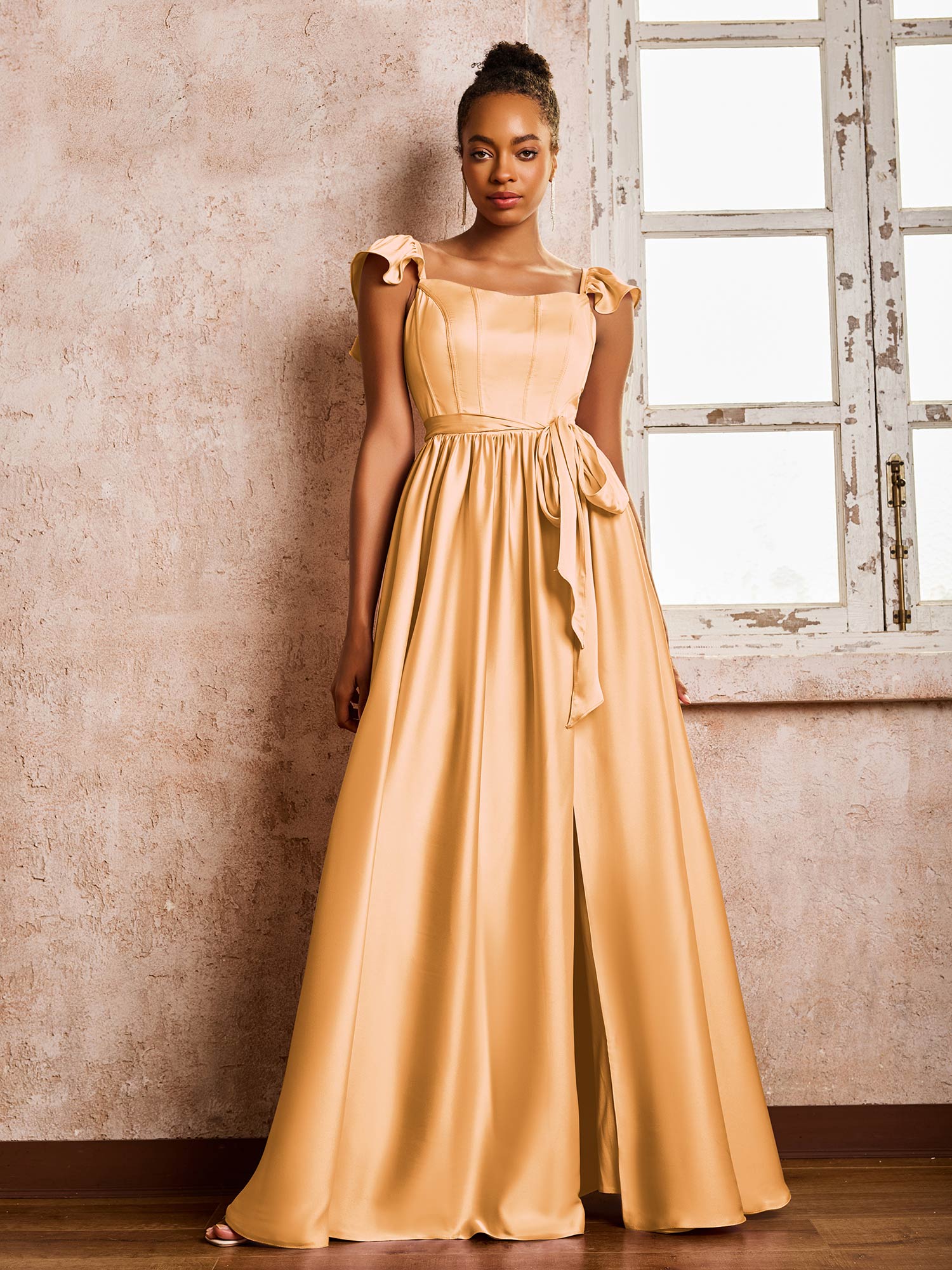 Square Neck Flutter Sleeves A-line High Slit Dresses With Belt Tangerine - Image 3