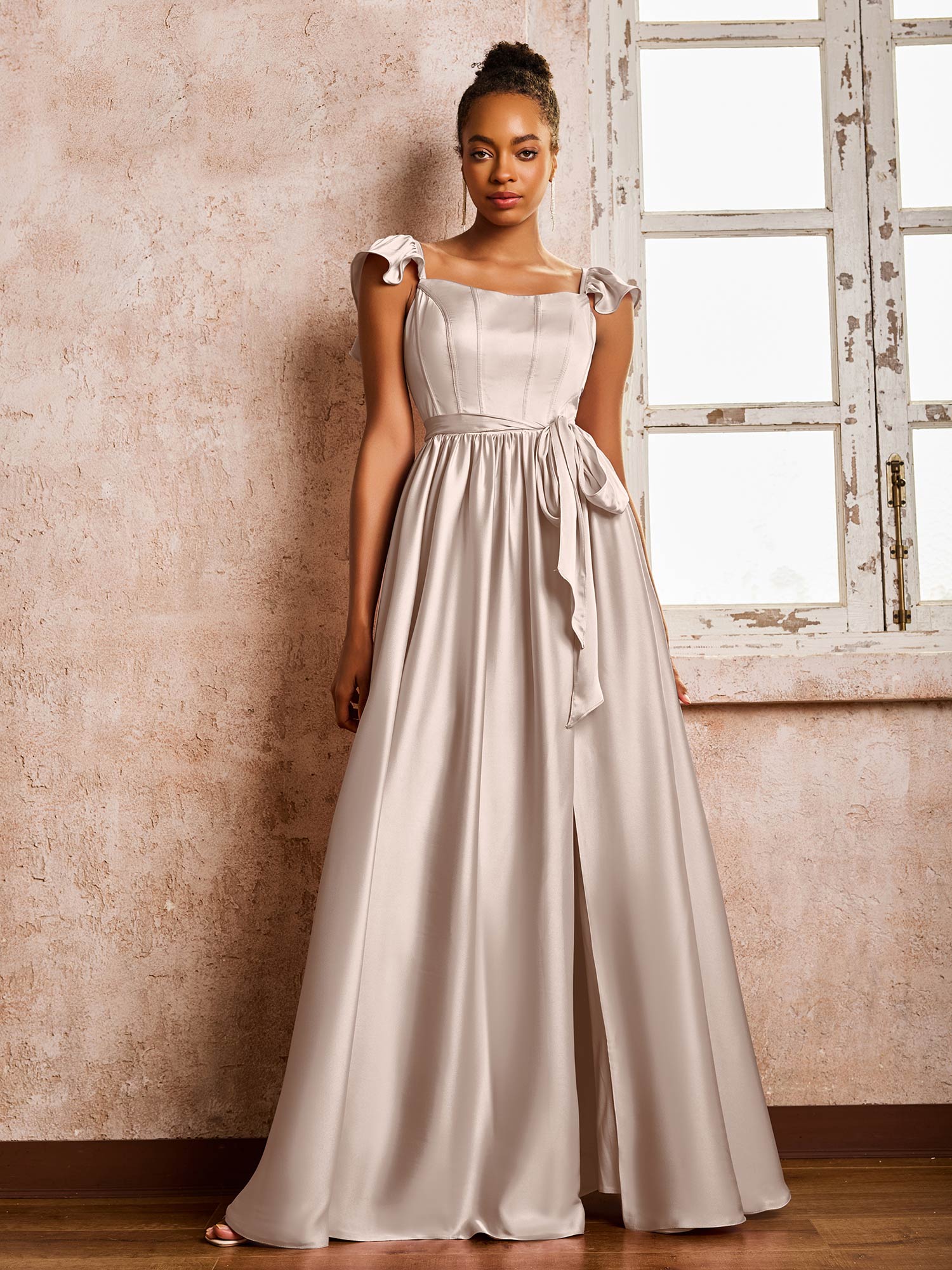 Square Neck Flutter Sleeves A-line High Slit Dresses With Belt Taupe - Image 3