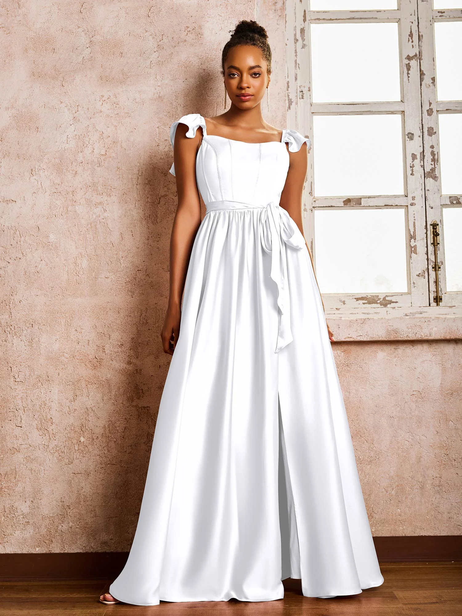 Square Neck Flutter Sleeves A-line High Slit Dresses With Belt White - Image 3
