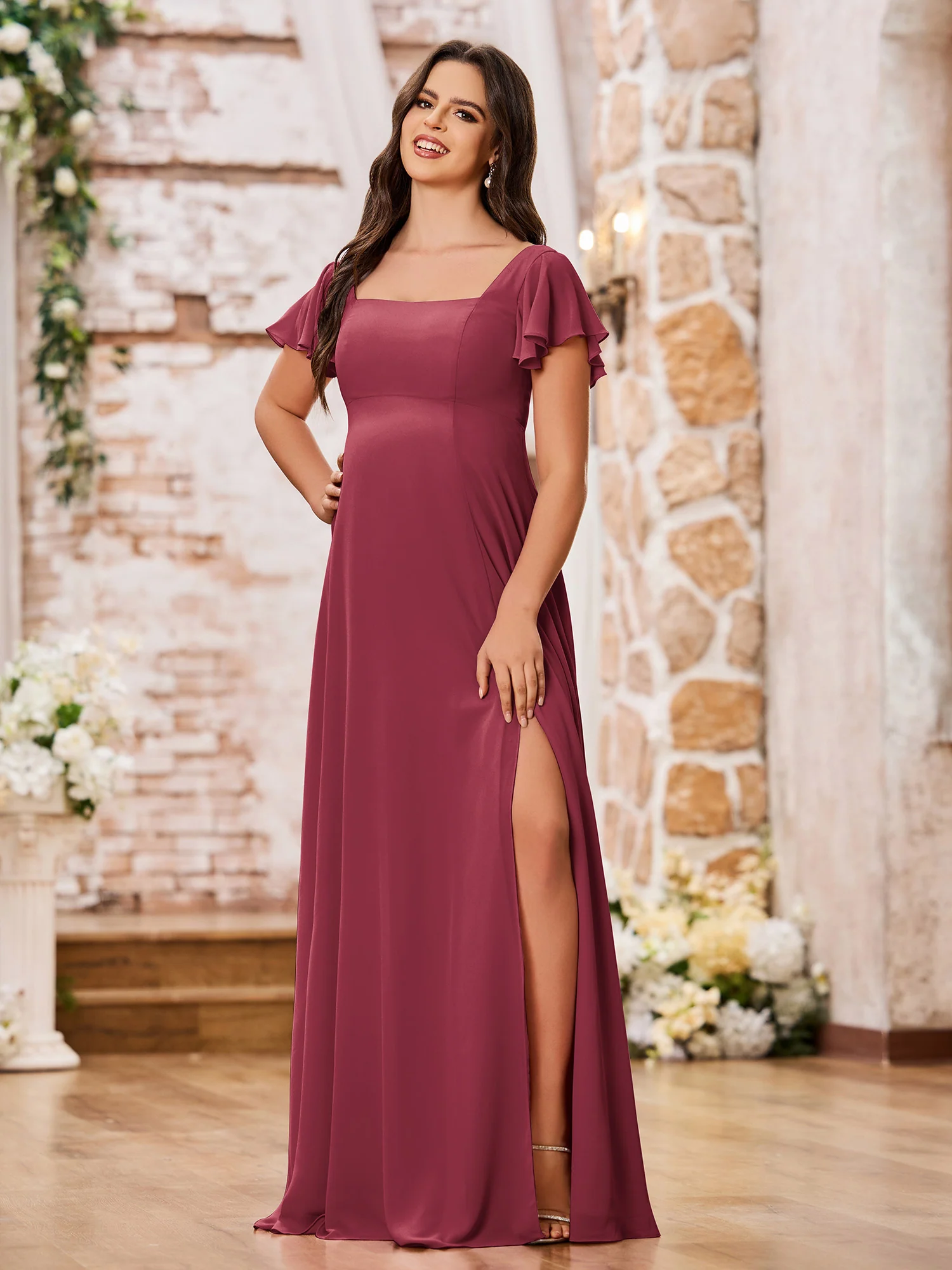 Square Neck Fluttering Sleeve Chiffon Long Dresses Cinnamon Rose