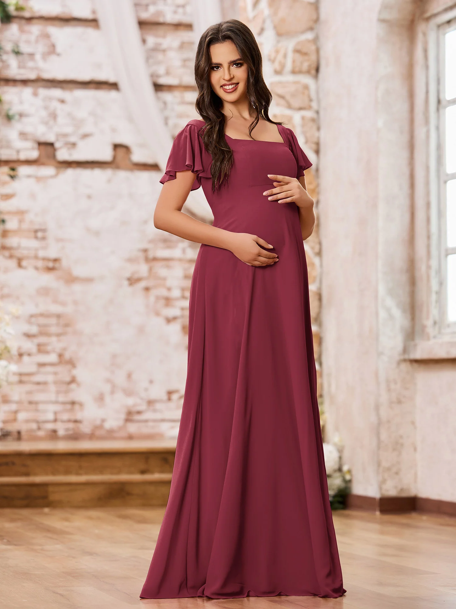 Square Neck Fluttering Sleeve Chiffon Long Dresses Cinnamon Rose - Image 3