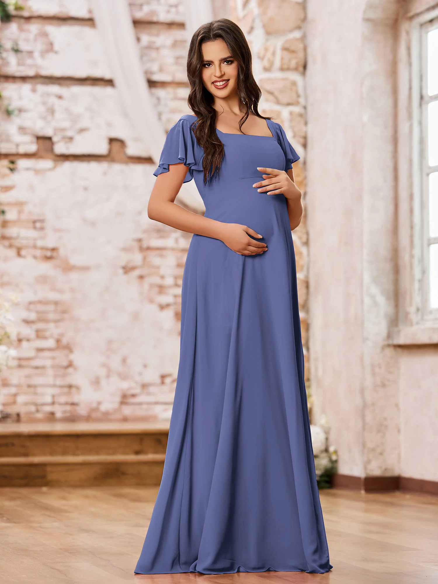 Square Neck Fluttering Sleeve Chiffon Long Dresses Periwinkle - Image 3