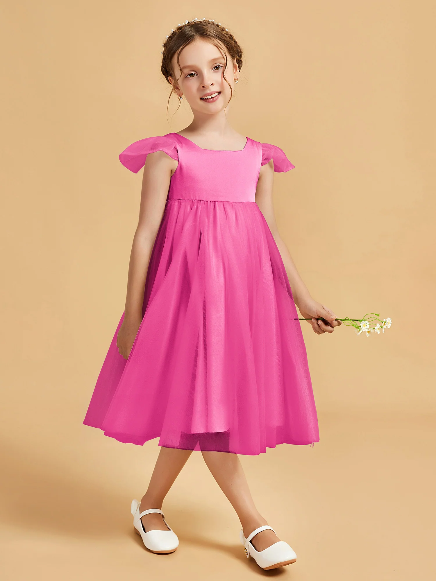 Square Neck Girl's Dress With Flutter Sleeves Azalea