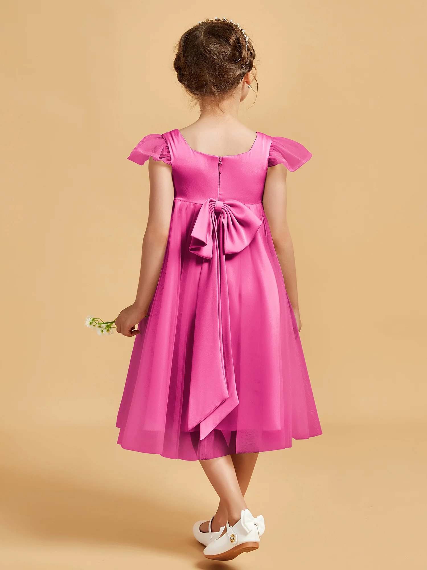 Square Neck Girl's Dress With Flutter Sleeves Azalea - Image 2