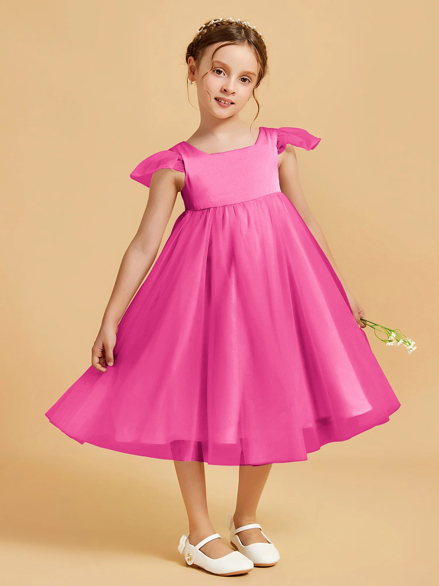 Square Neck Girl's Dress With Flutter Sleeves Azalea - Image 3