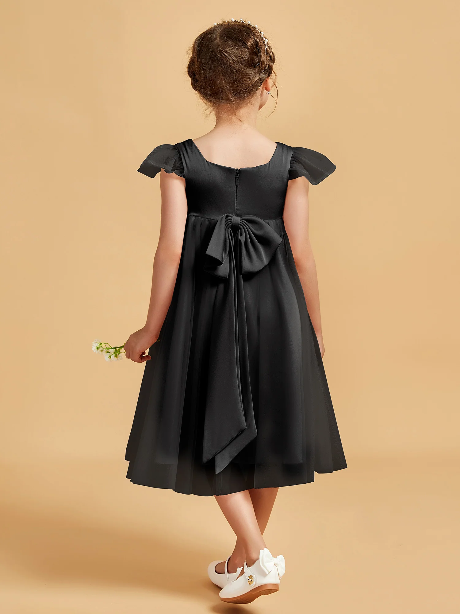 Square Neck Girl's Dress With Flutter Sleeves Black - Image 2