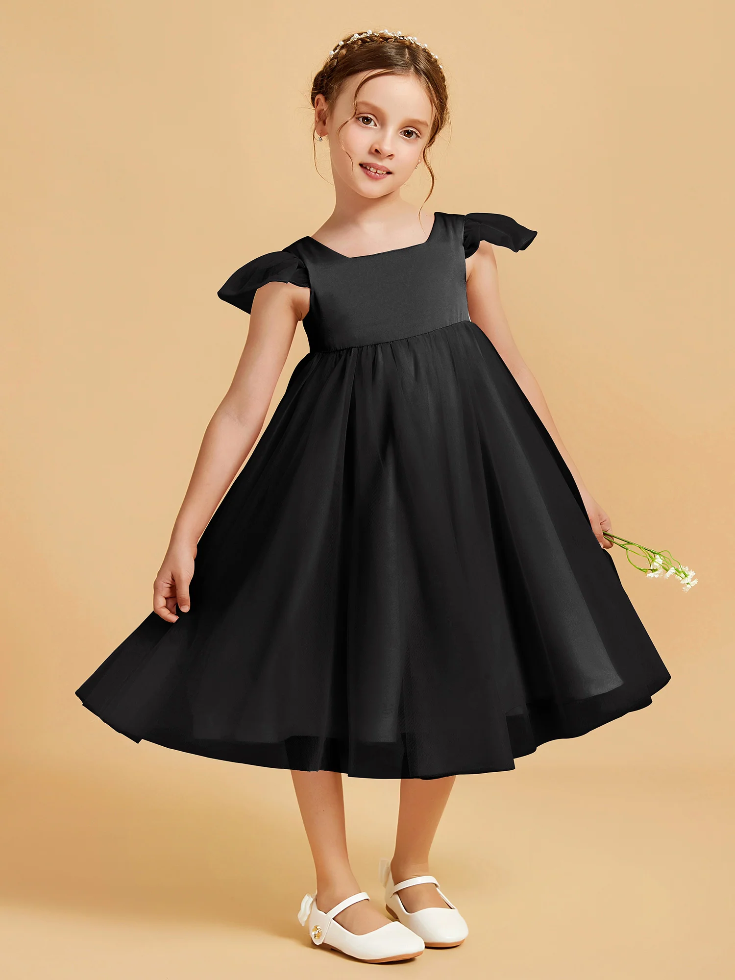 Square Neck Girl's Dress With Flutter Sleeves Black - Image 3