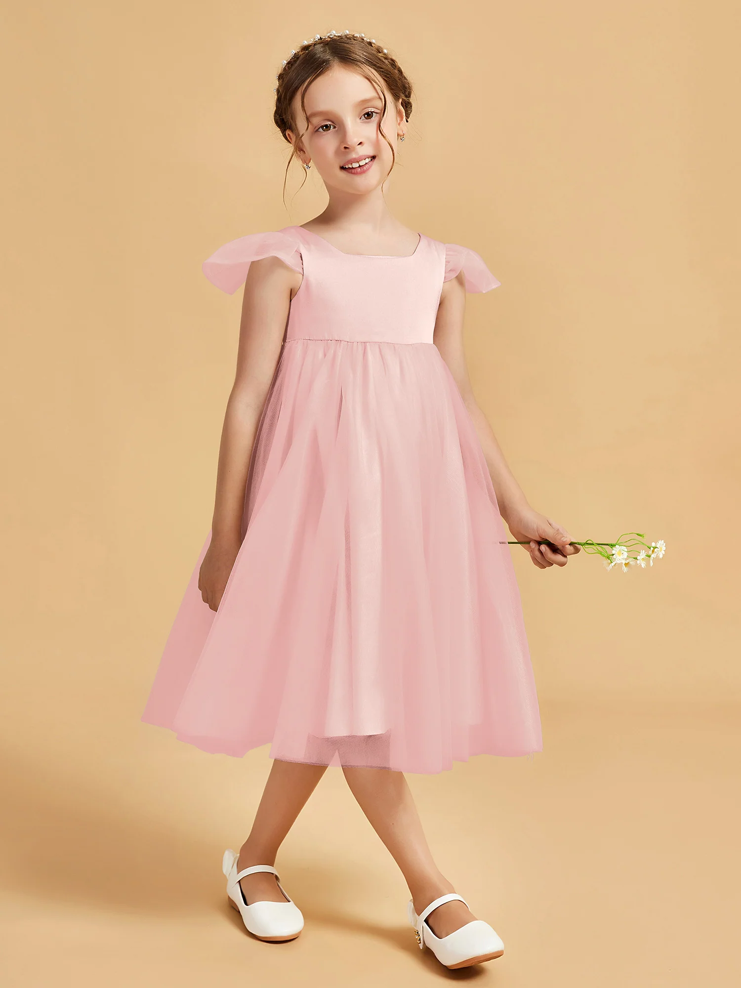 Square Neck Girl's Dress With Flutter Sleeves Blushing Pink