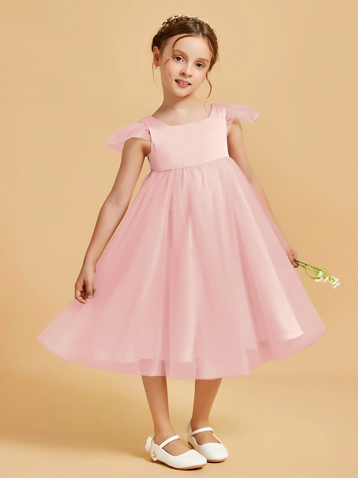 Square Neck Girl's Dress With Flutter Sleeves Blushing Pink - Image 3