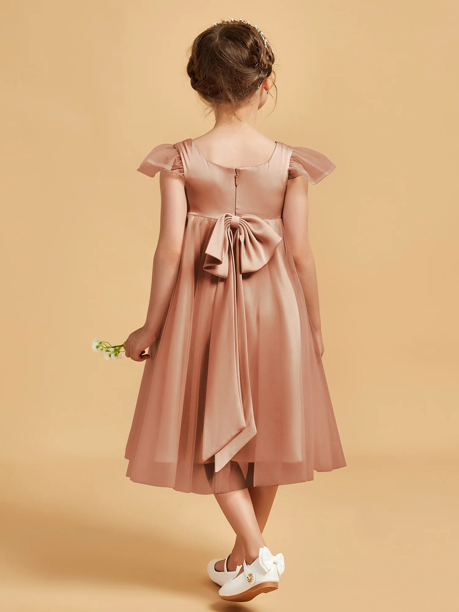Square Neck Girl's Dress With Flutter Sleeves Bronzer - Image 2