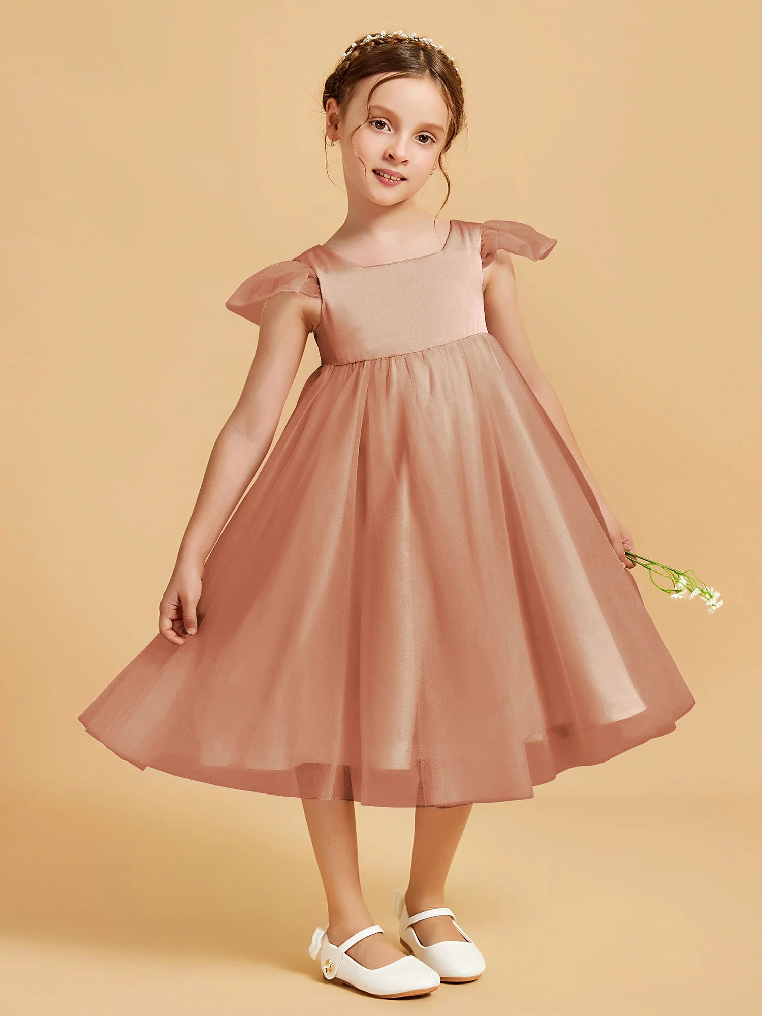 Square Neck Girl's Dress With Flutter Sleeves Bronzer - Image 3