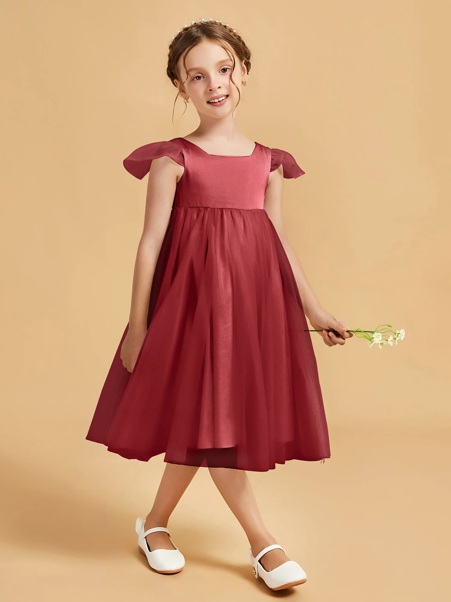 Square Neck Girl's Dress With Flutter Sleeves Burgundy